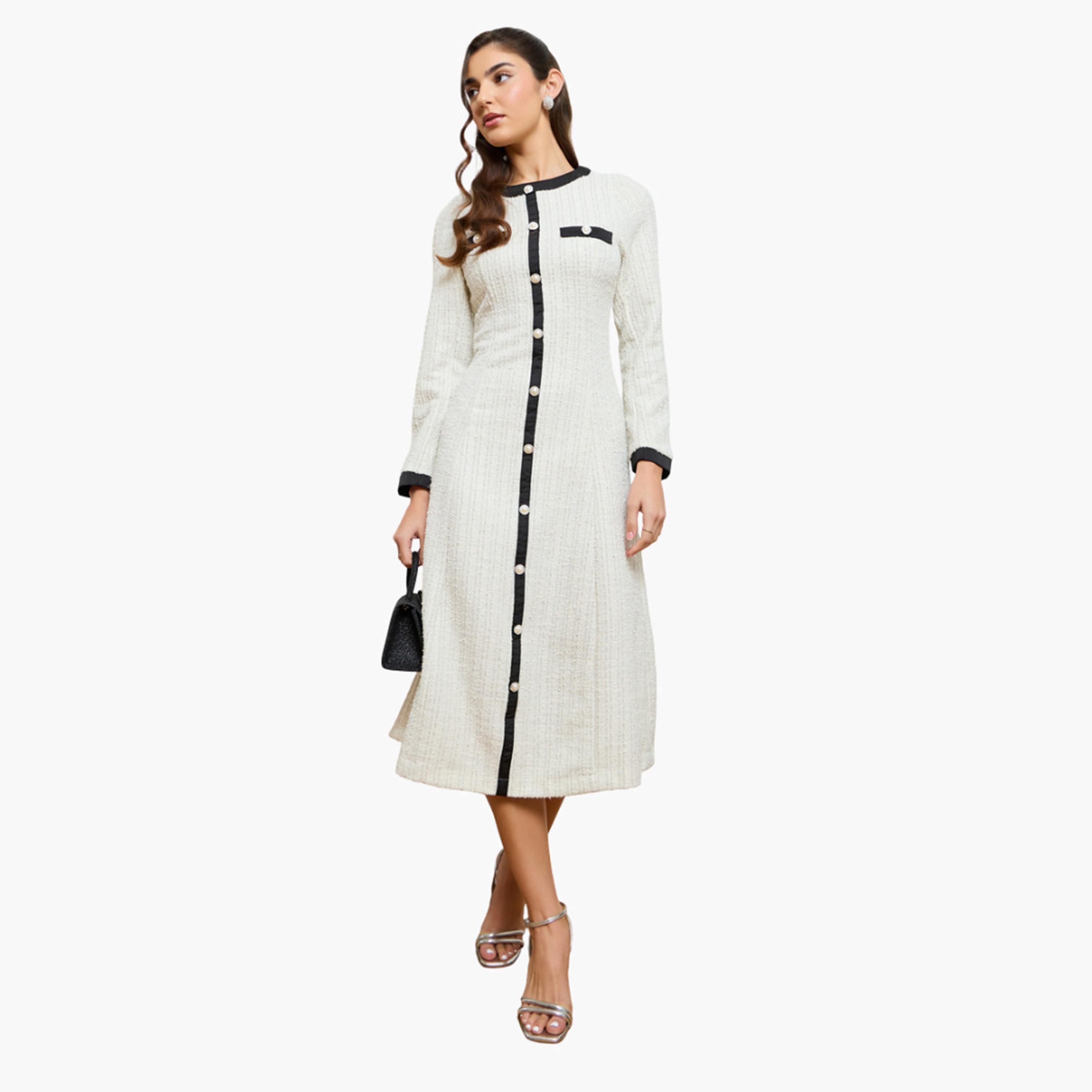 Styli Women  Off-White Tweed Midi Dress with Black Trim-women-clothing-dresses-image-1