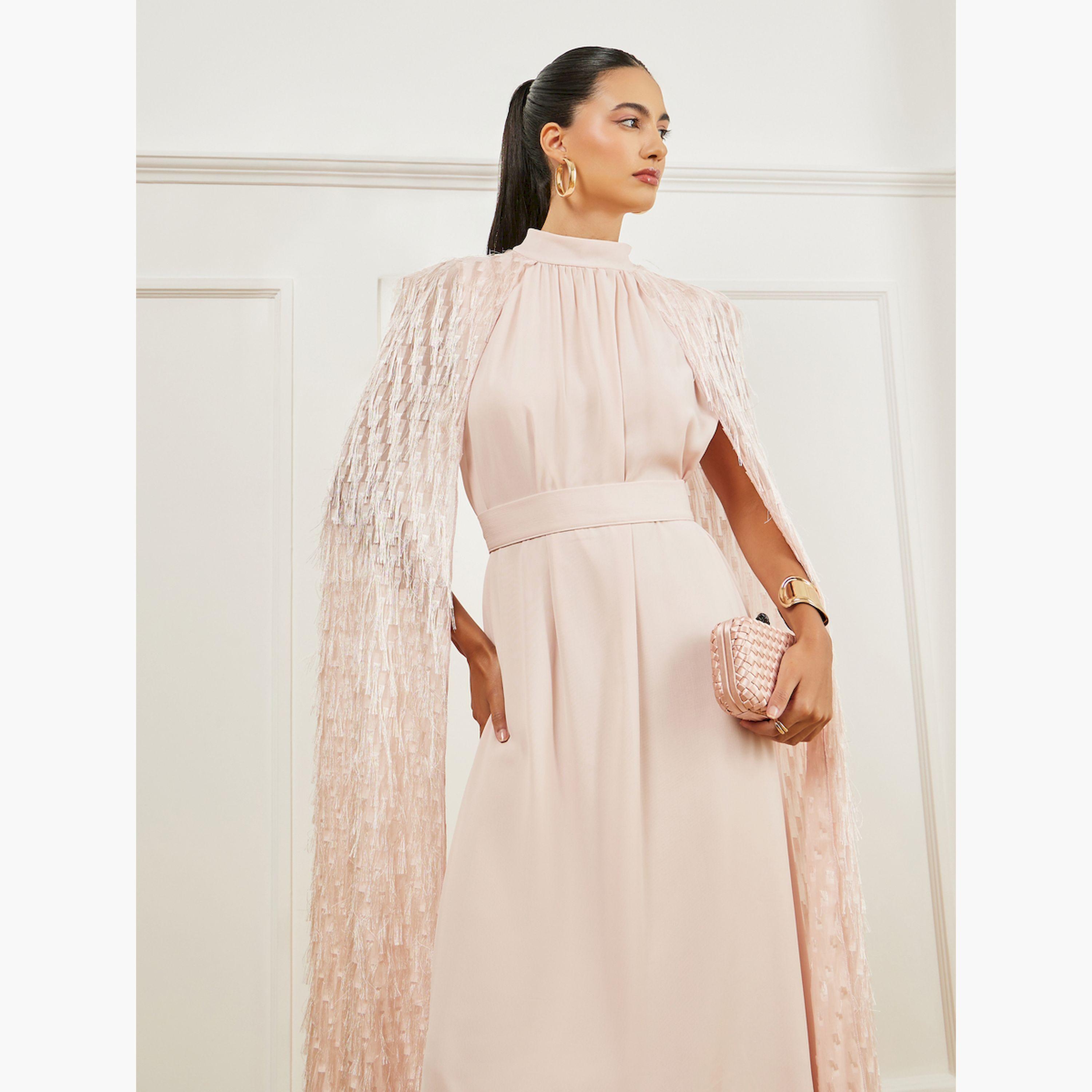 Styli Light Pink Embellished Cape Maxi Dress-women-clothing-dresses-image-2