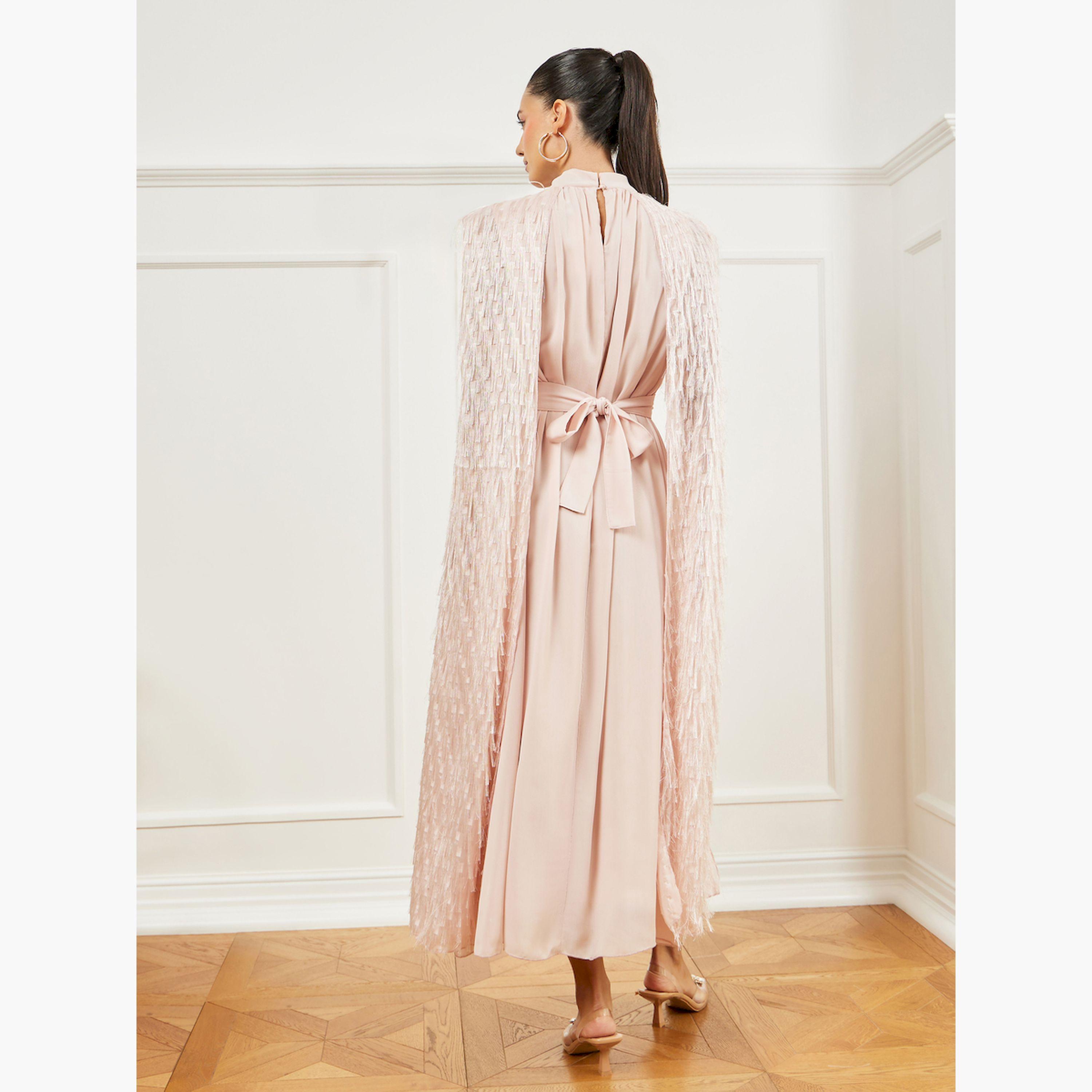 Styli Light Pink Embellished Cape Maxi Dress-women-clothing-dresses-image-4
