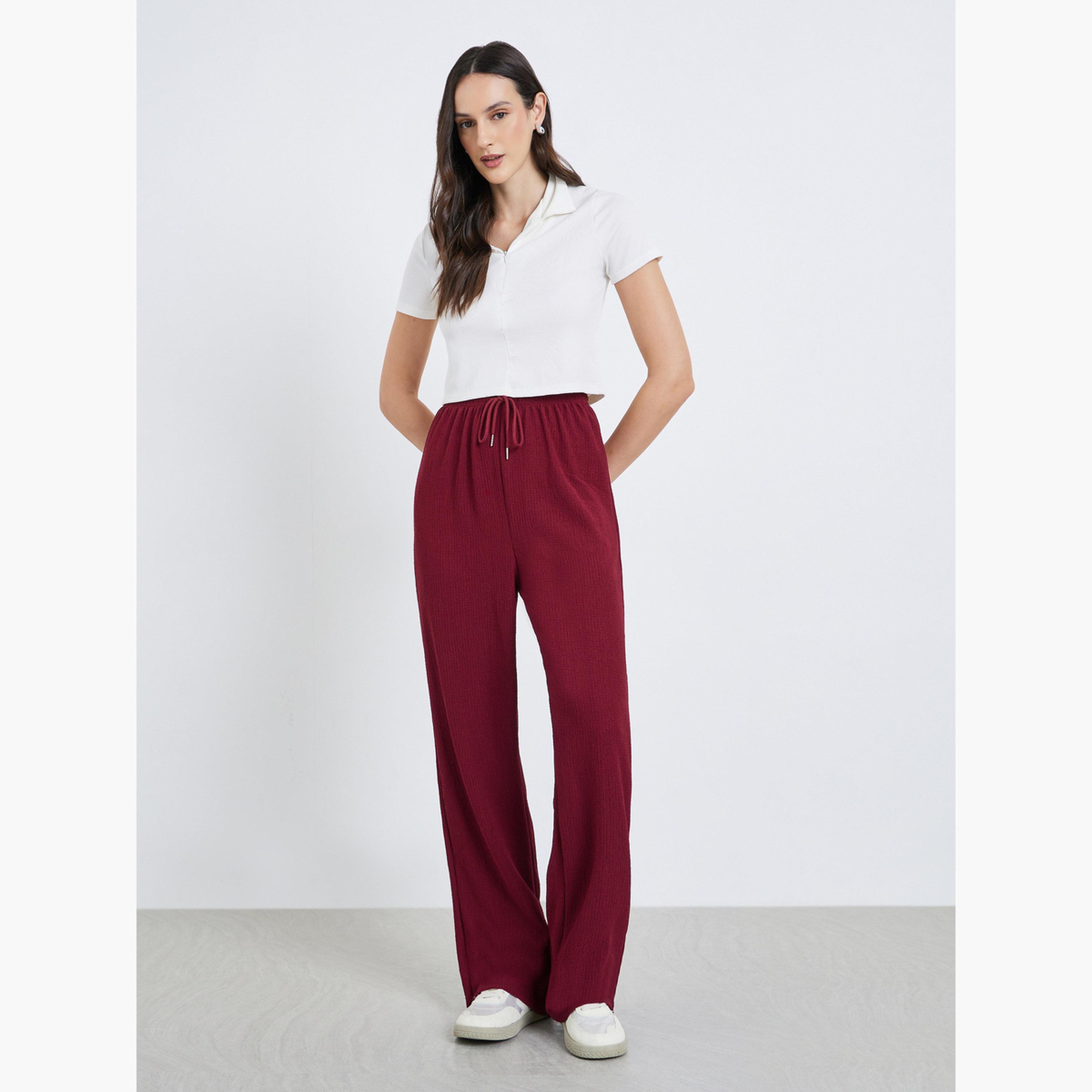 Styli Women Burgundy Textured Drawstring Pants-women-clothing-bottoms-trousers-image-2
