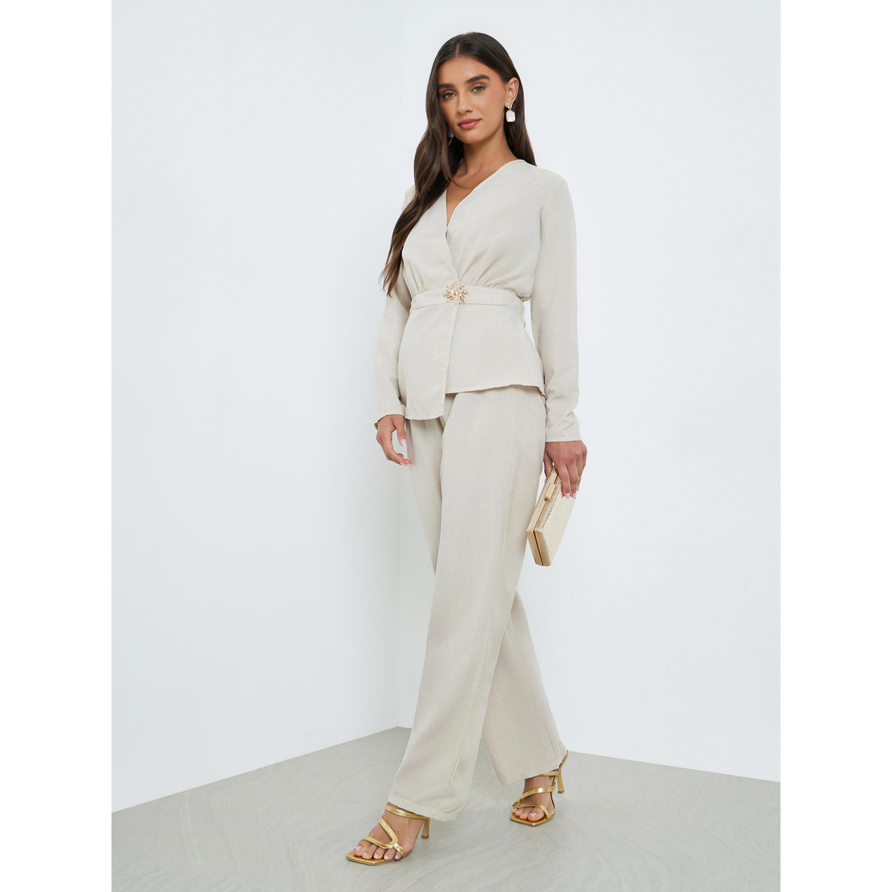 Styli Women Beige Long-Sleeve Top with Wide Leg Pants Co-Ords-women-clothing-coordsets-image-1