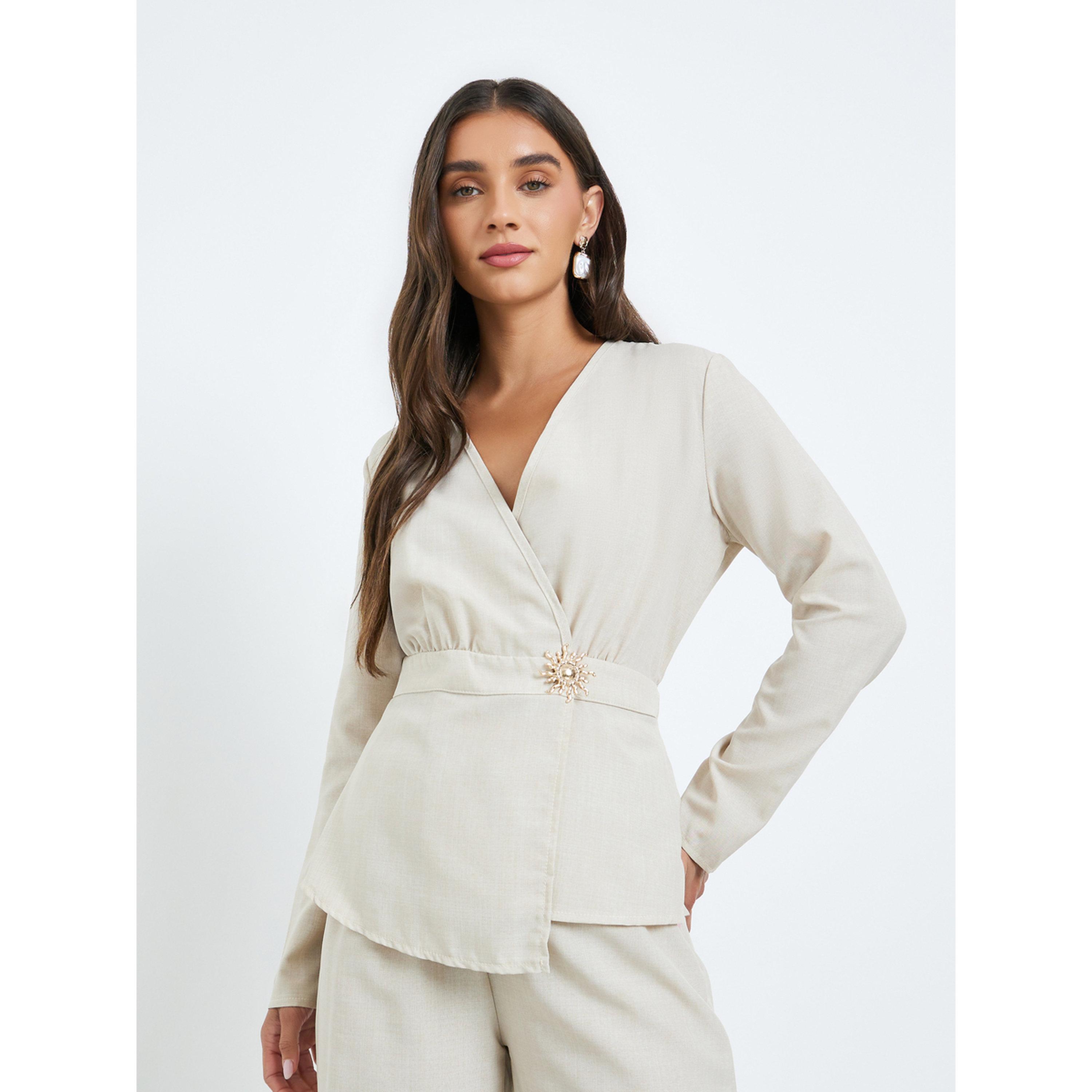 Styli Women Beige Long-Sleeve Top with Wide Leg Pants Co-Ords-women-clothing-coordsets-image-2