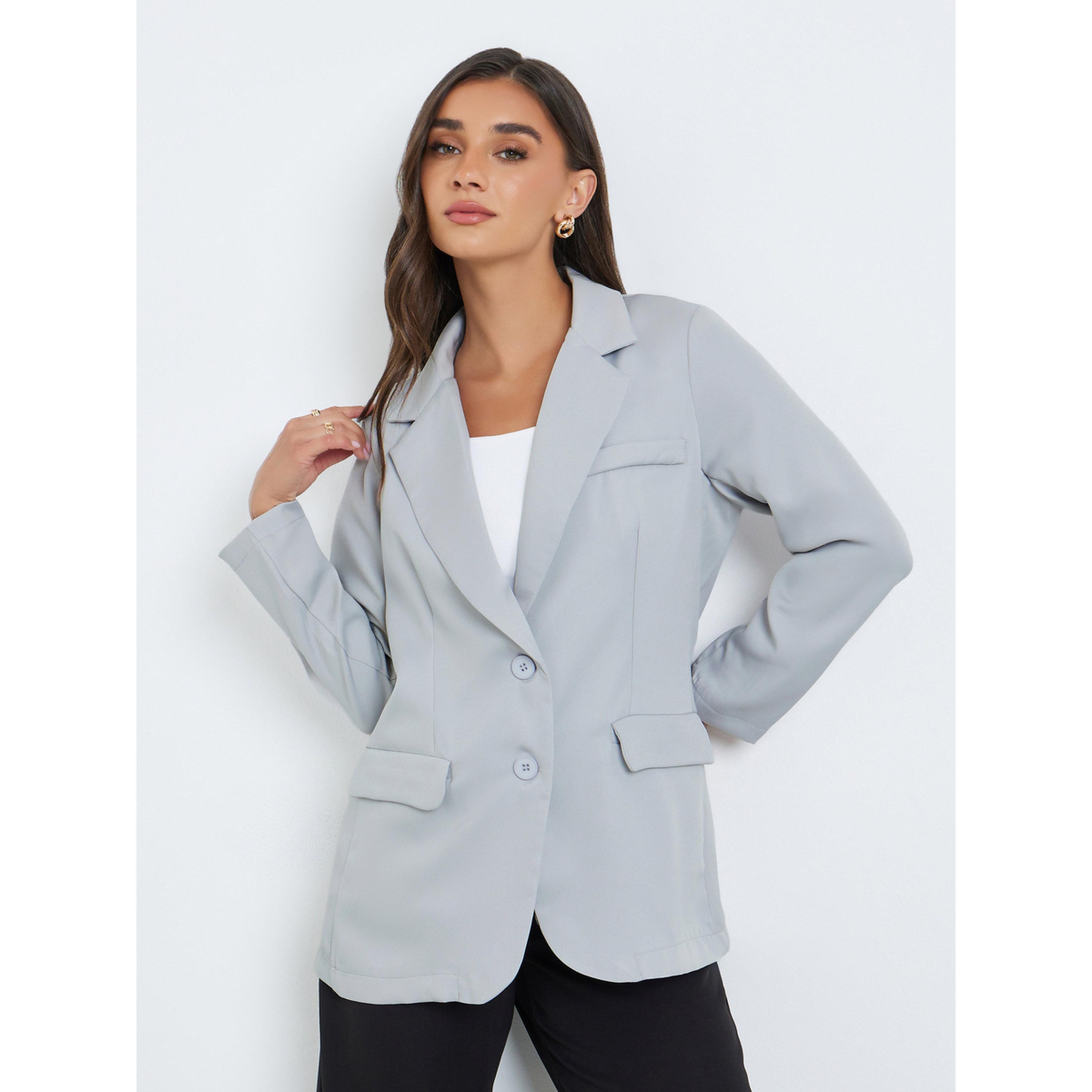 Styli Women Grey Buttoned Blazer-women-clothing-coatsandjackets-blazers-image-1