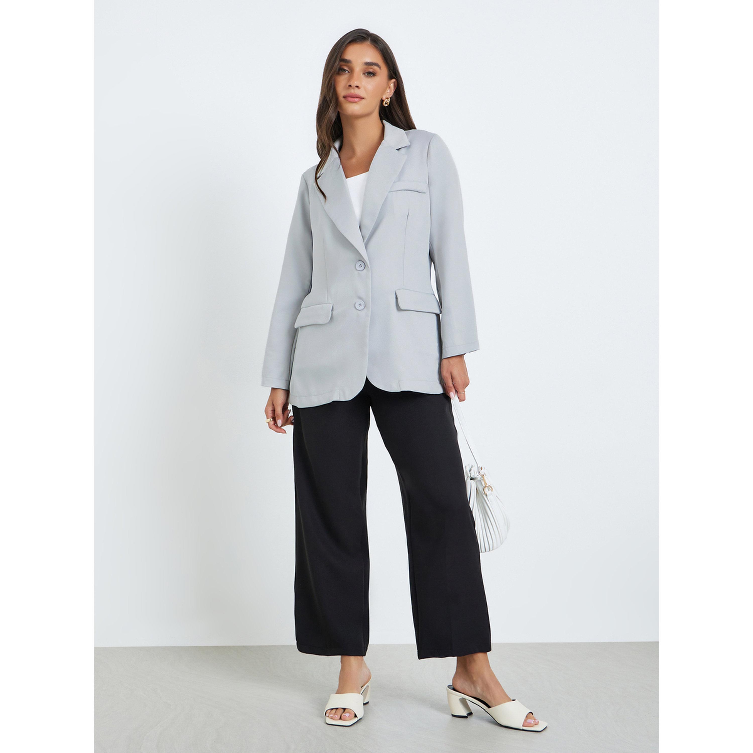 Styli Women Grey Buttoned Blazer-women-clothing-coatsandjackets-blazers-image-2