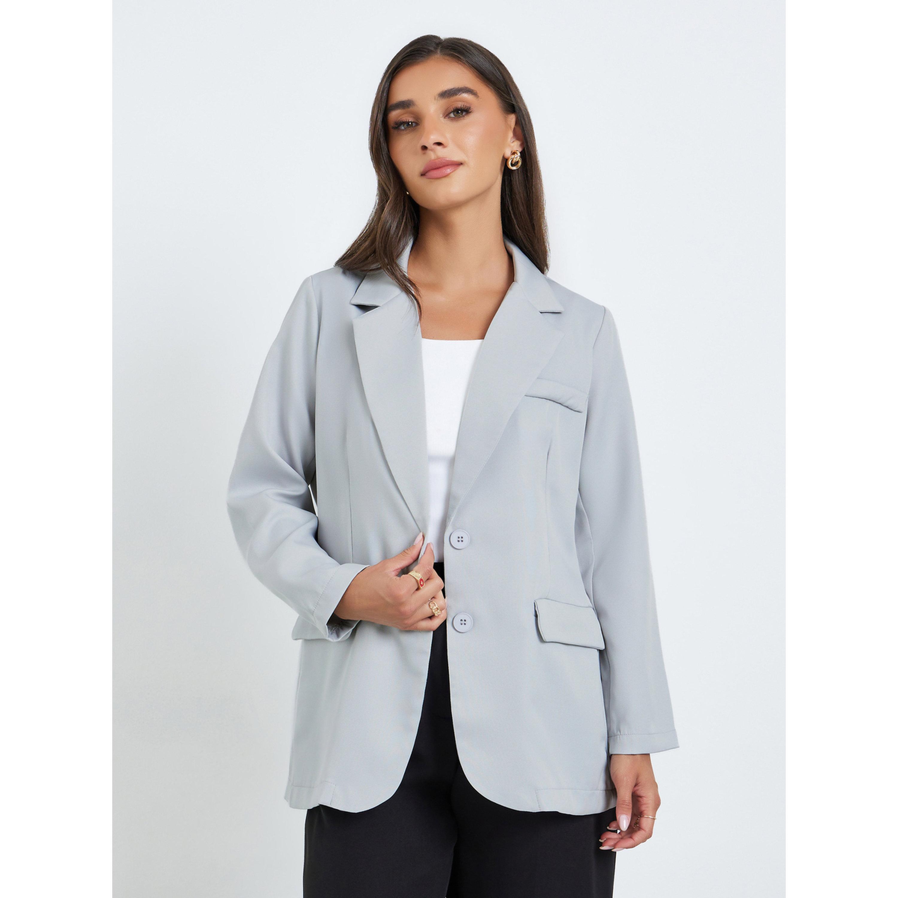 Styli Women Grey Buttoned Blazer-women-clothing-coatsandjackets-blazers-image-3
