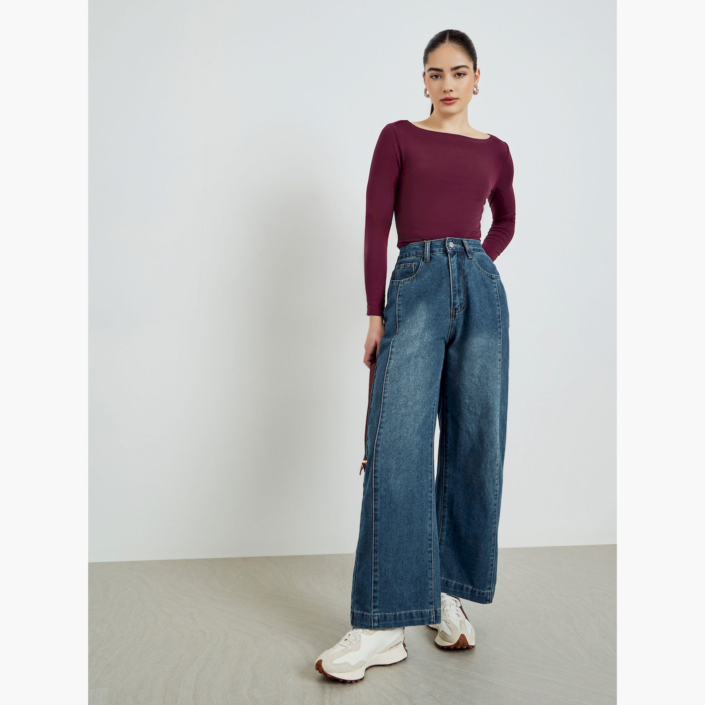 Styli Burgundy Boat Neck Long Sleeve T-Shirt-women-clothing-tshirts-image-2