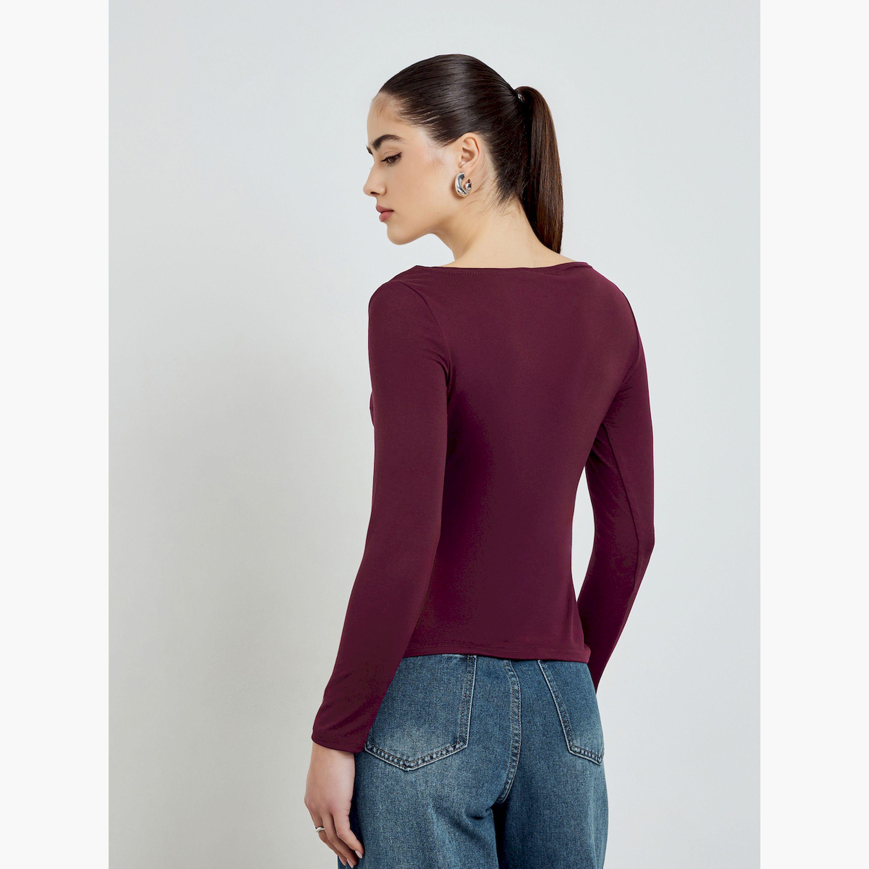 Styli Burgundy Boat Neck Long Sleeve T-Shirt-women-clothing-tshirts-image-4