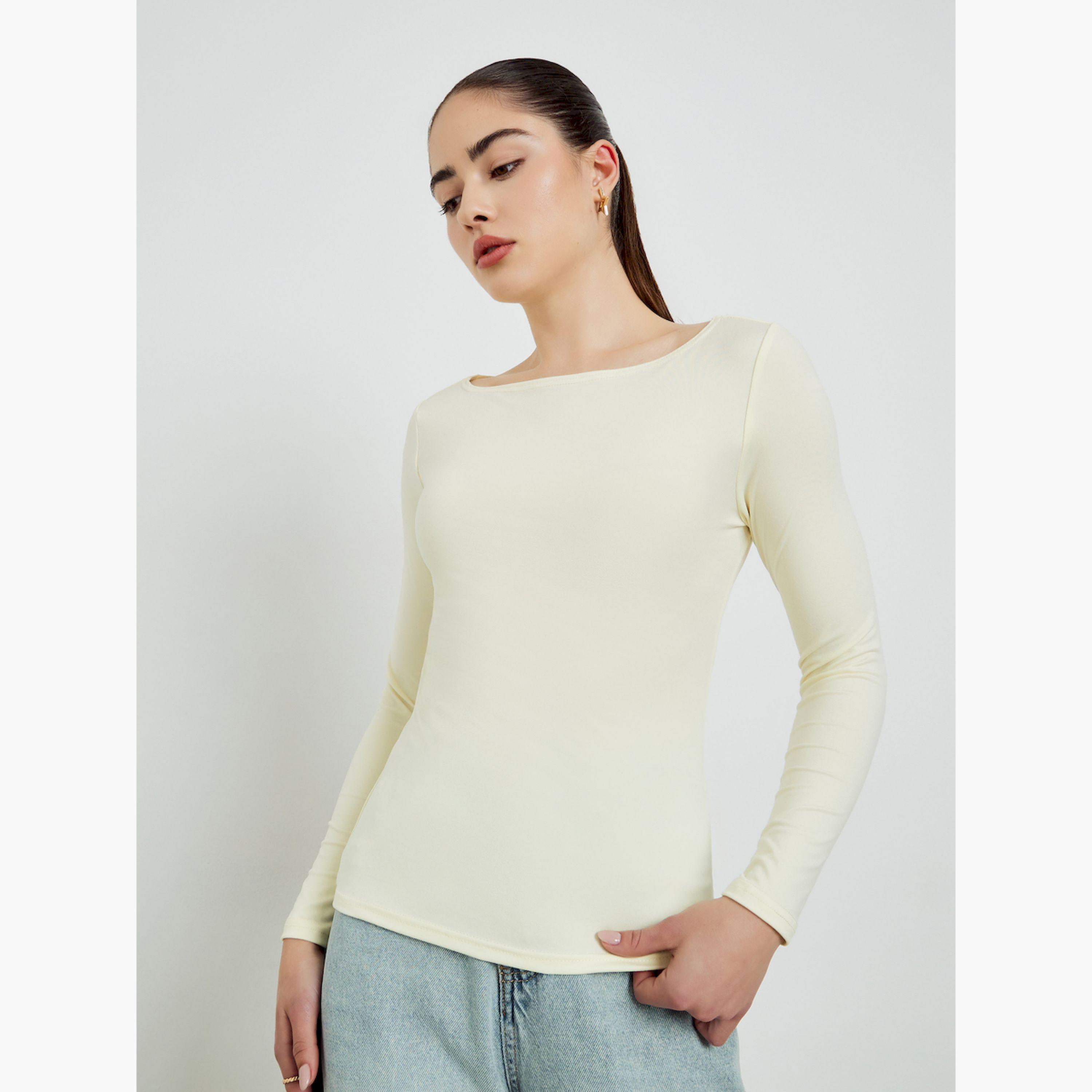 Styli Cream Boat Neck Long Sleeve T-Shirt-women-clothing-tshirts-image-1