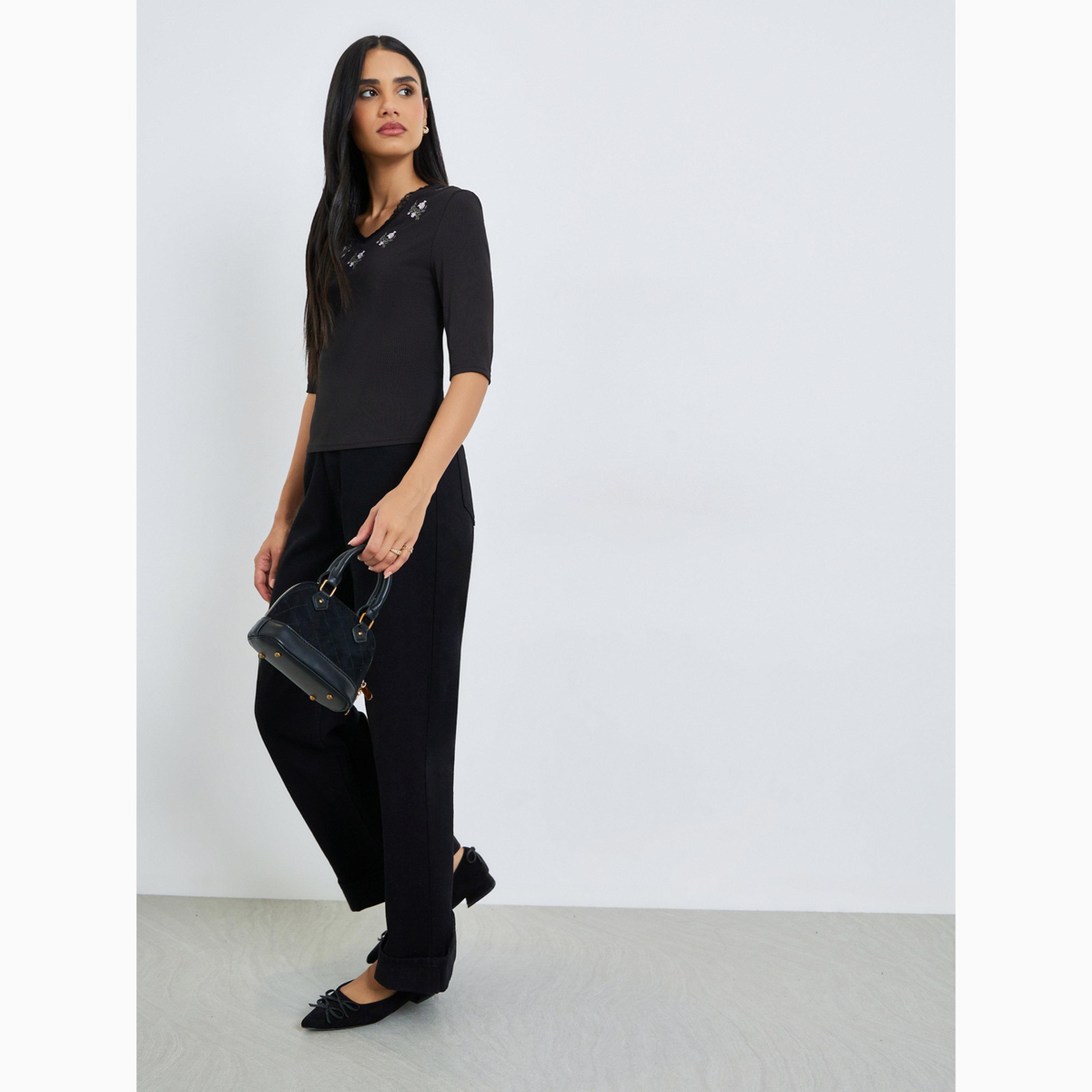 Styli Black Floral Lace Embroidery Fitted T-Shirt-women-clothing-tshirts-image-2