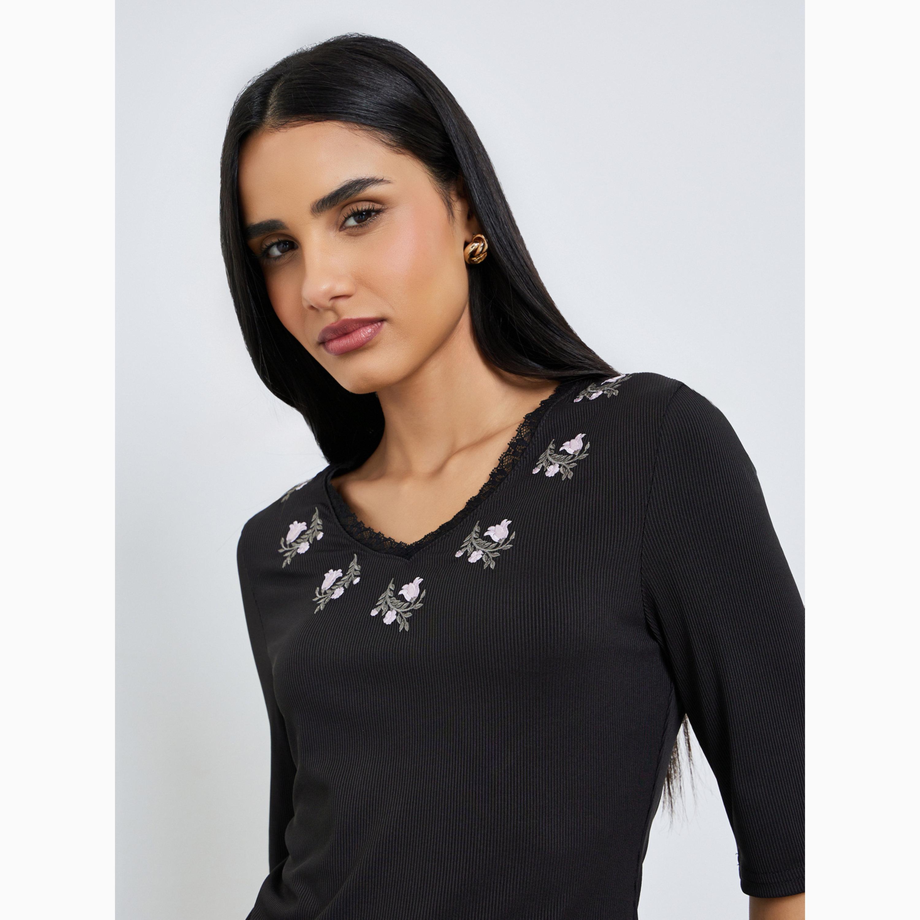 Styli Black Floral Lace Embroidery Fitted T-Shirt-women-clothing-tshirts-image-3