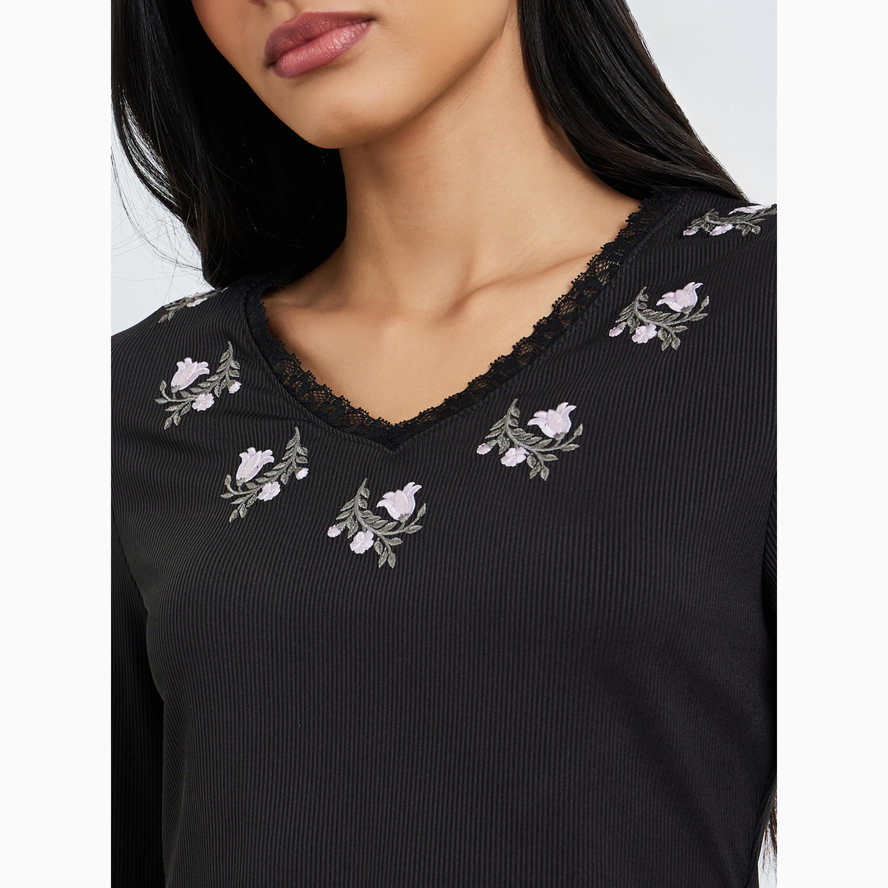 Styli Black Floral Lace Embroidery Fitted T-Shirt-women-clothing-tshirts-image-5