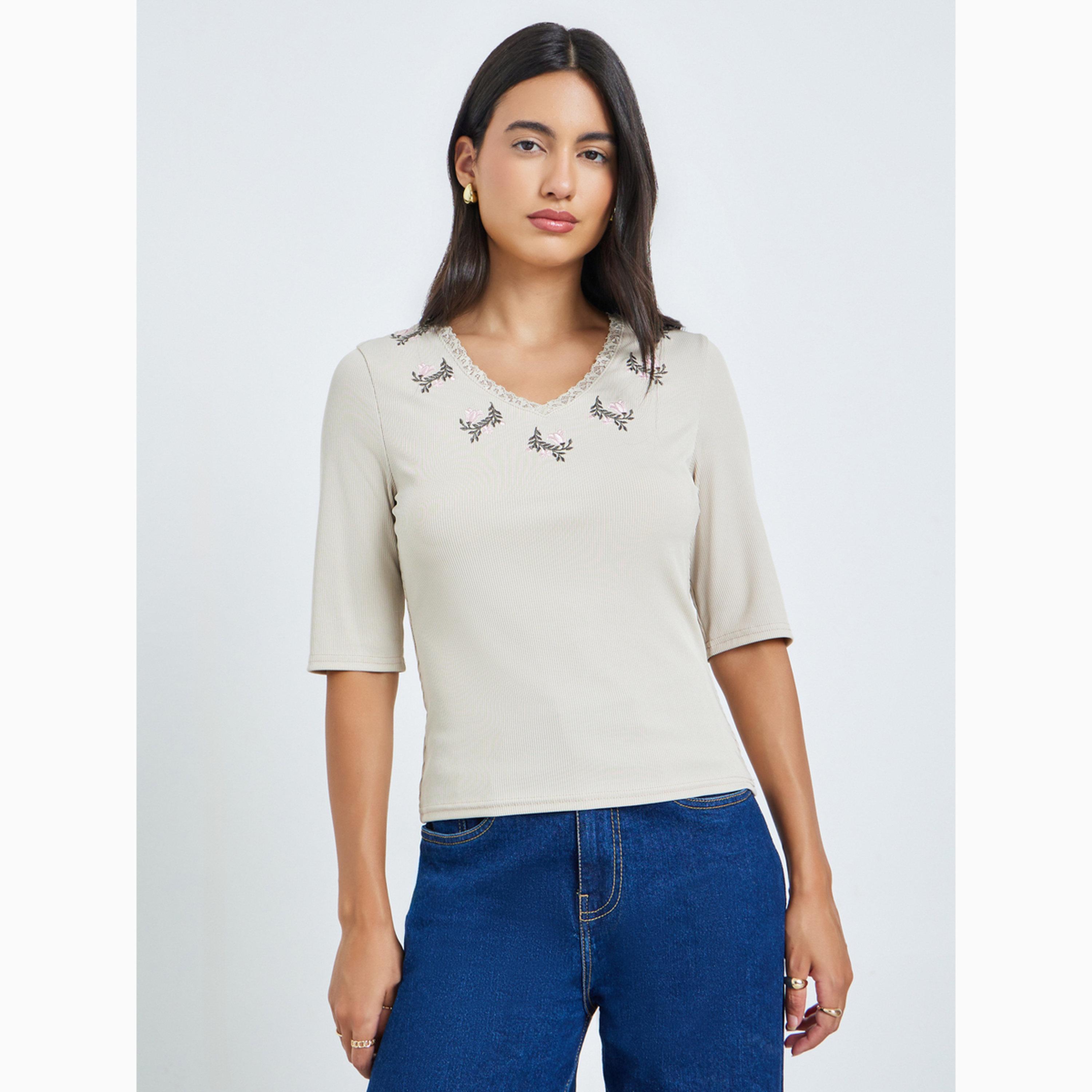 Styli Beige Floral Lace Embroidery Fitted T-Shirt-women-clothing-tshirts-image-1
