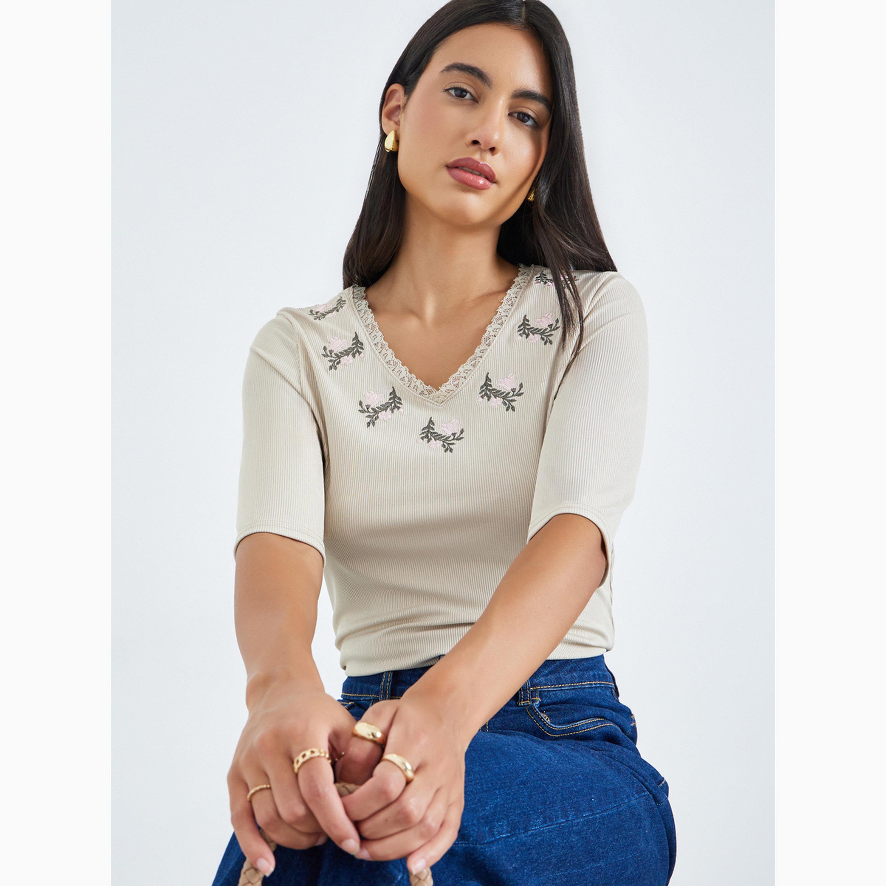 Styli Beige Floral Lace Embroidery Fitted T-Shirt-women-clothing-tshirts-image-3