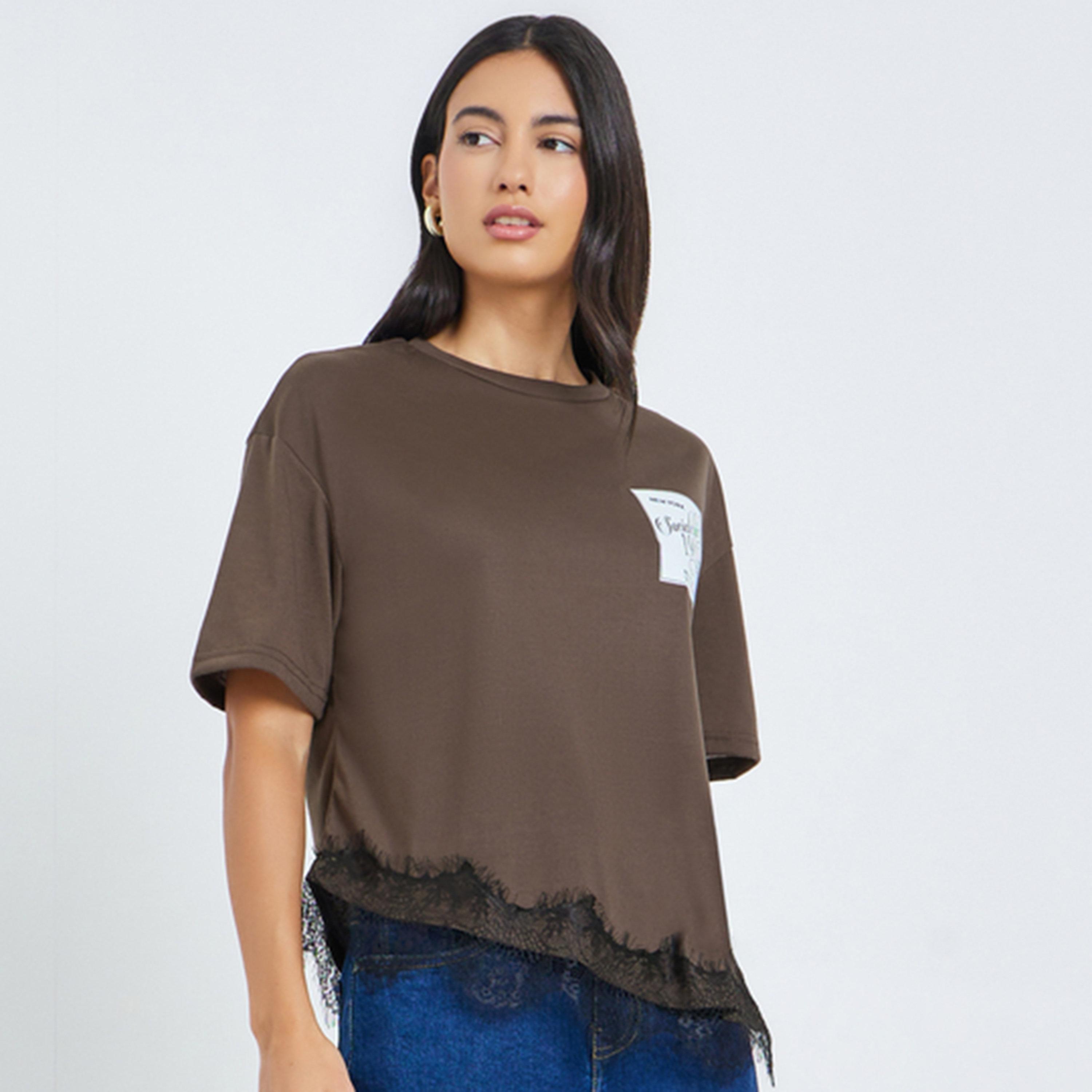 Styli Brown Contrast Lace Hem Printed T-Shirt-women-clothing-tshirts-image-1