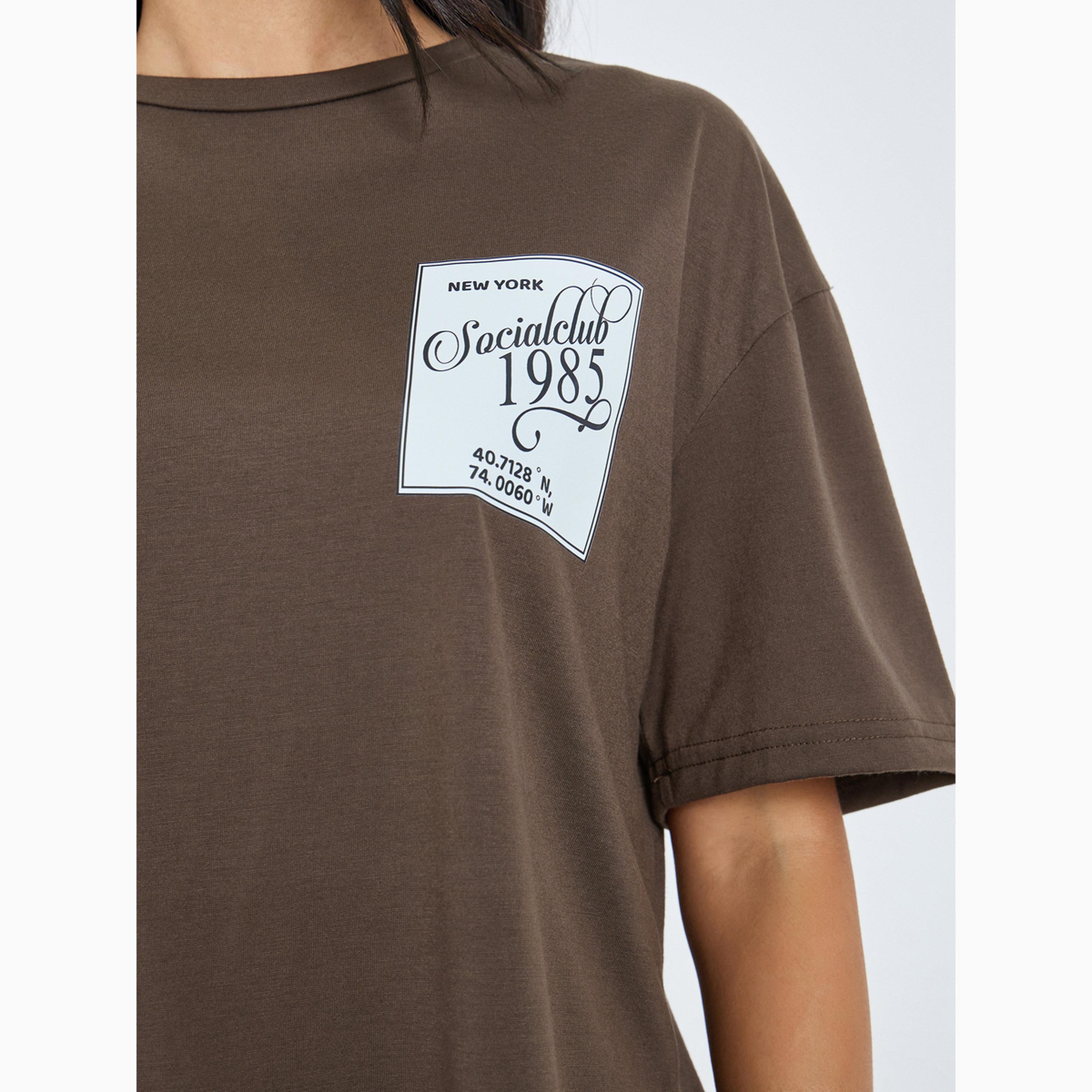 Styli Brown Contrast Lace Hem Printed T-Shirt-women-clothing-tshirts-image-4