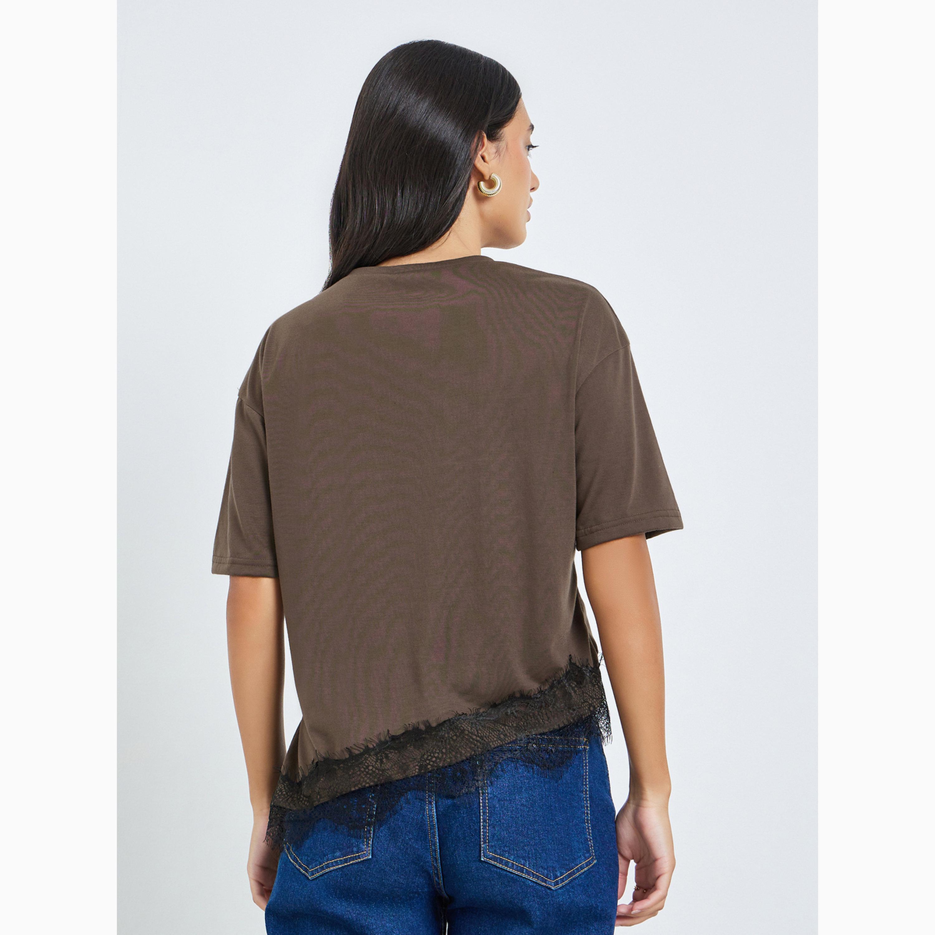 Styli Brown Contrast Lace Hem Printed T-Shirt-women-clothing-tshirts-image-5