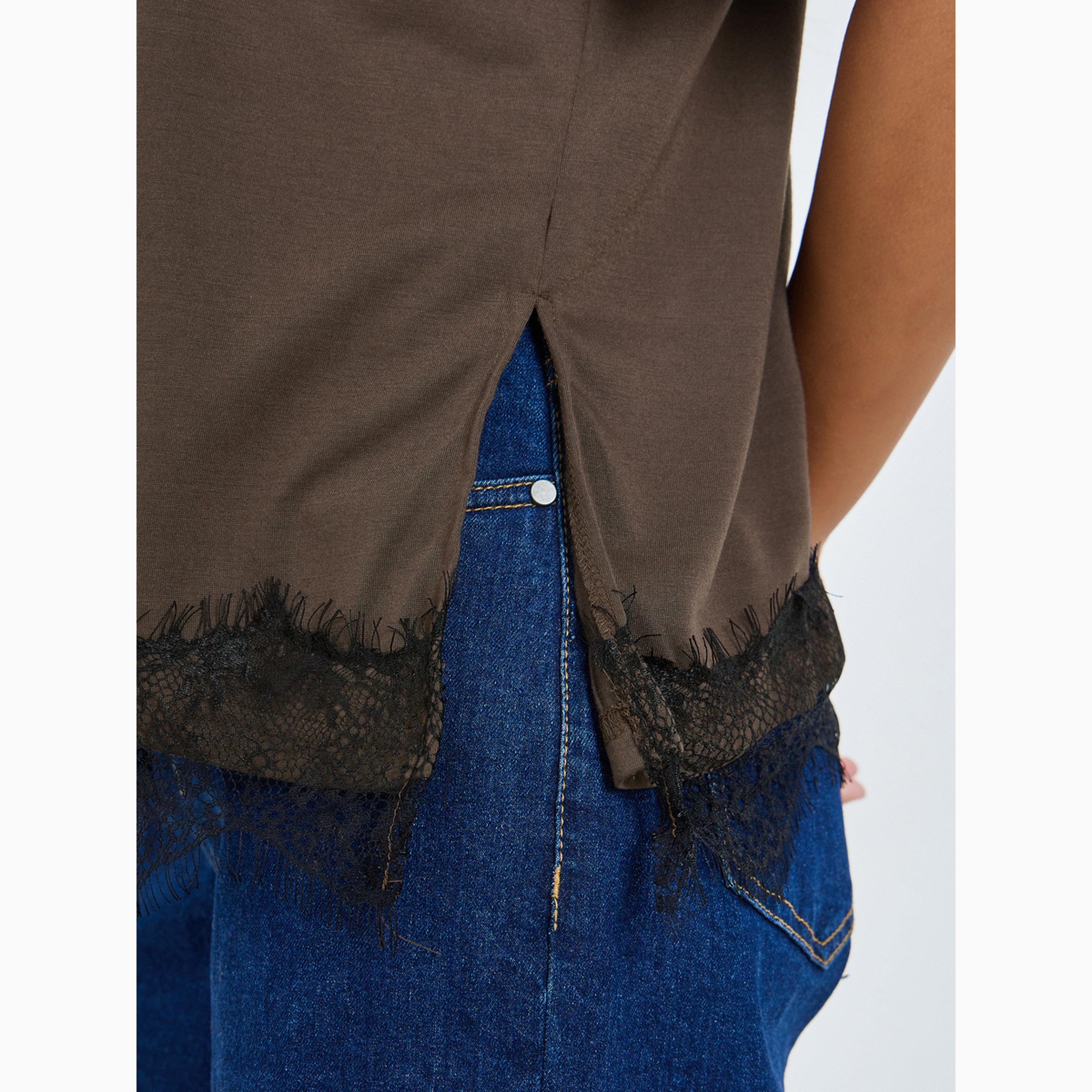 Styli Brown Contrast Lace Hem Printed T-Shirt-women-clothing-tshirts-image-6