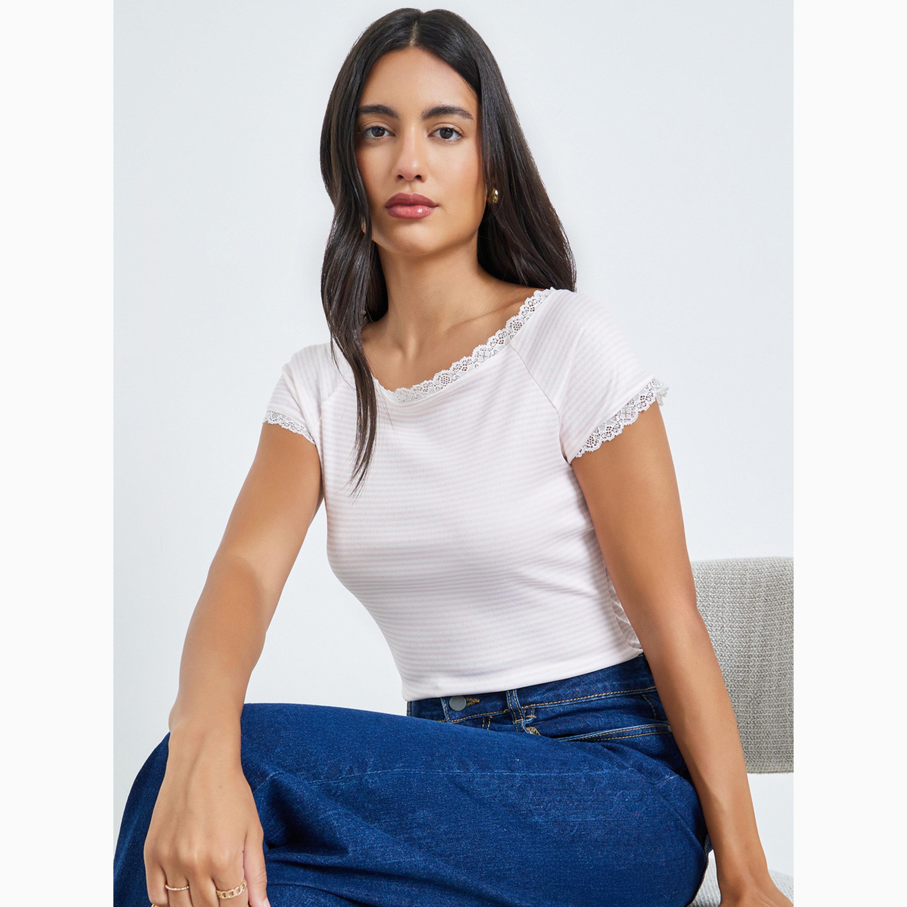 Styli Pointelle Boat Neck Lace Trim T-Shirt-women-clothing-tshirts-image-3