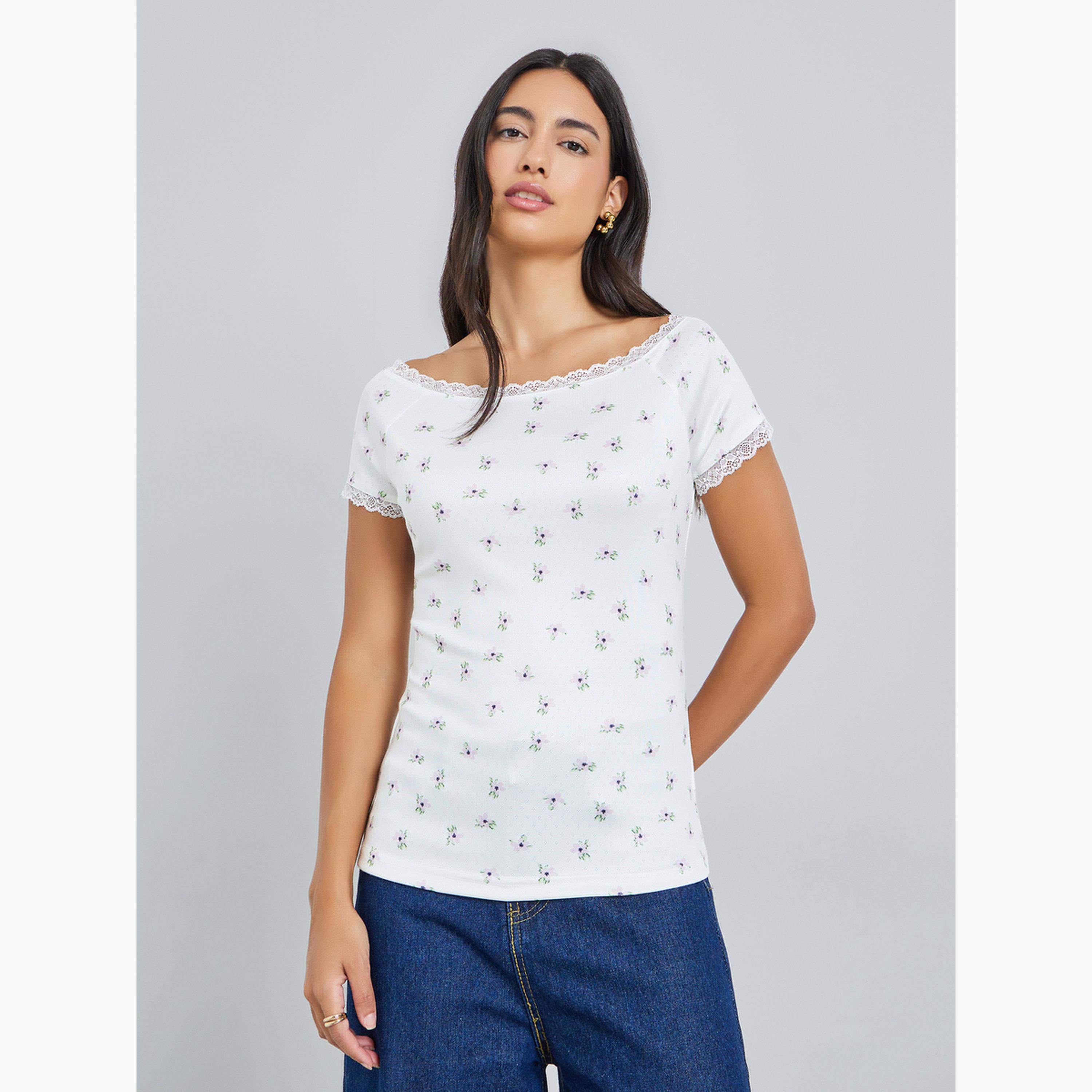 Styli Pointelle Boat Neck Lace Trim T-Shirt-women-clothing-tshirts-image-1