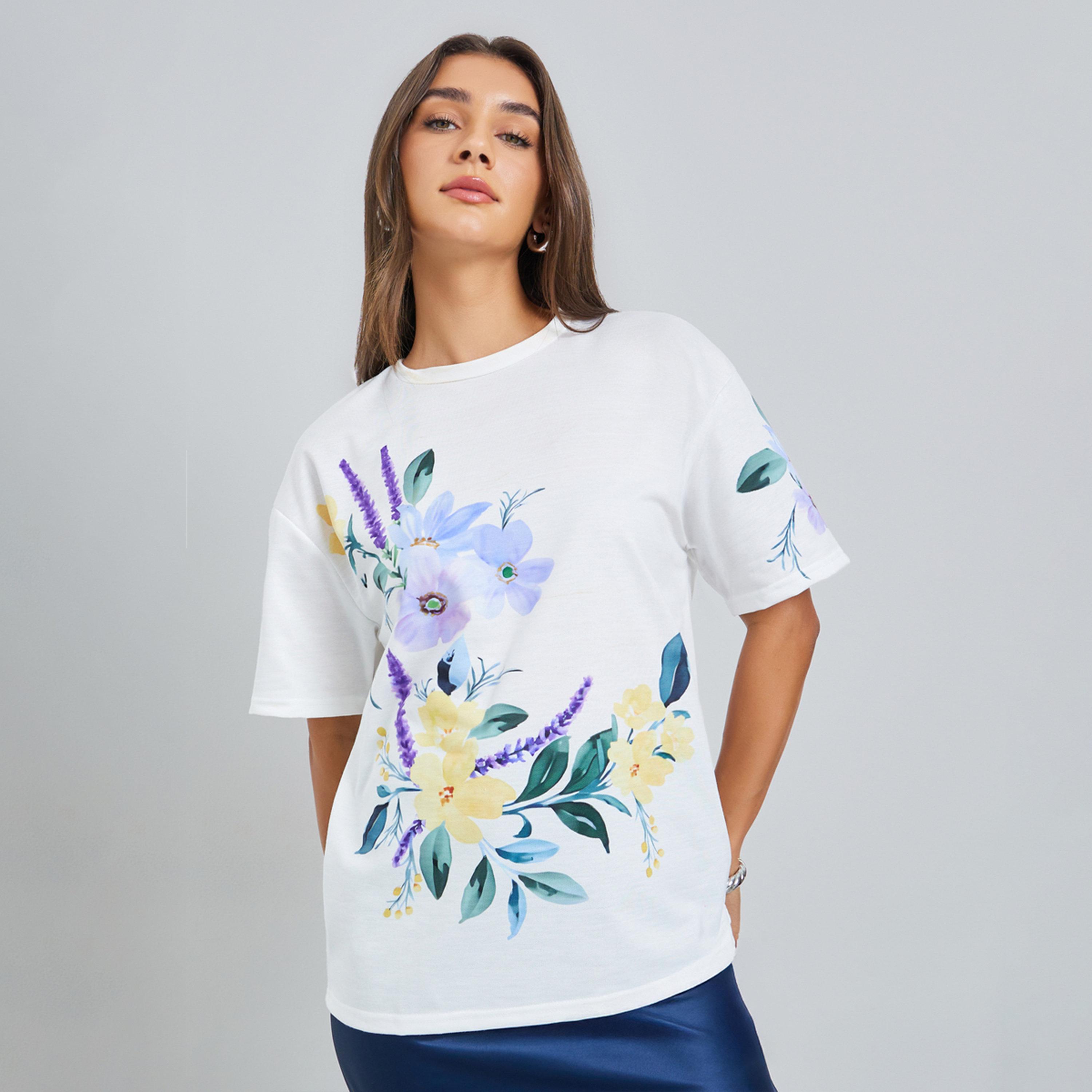 Styli White Floral Print Oversized T-Shirt-women-clothing-tshirts-image-1