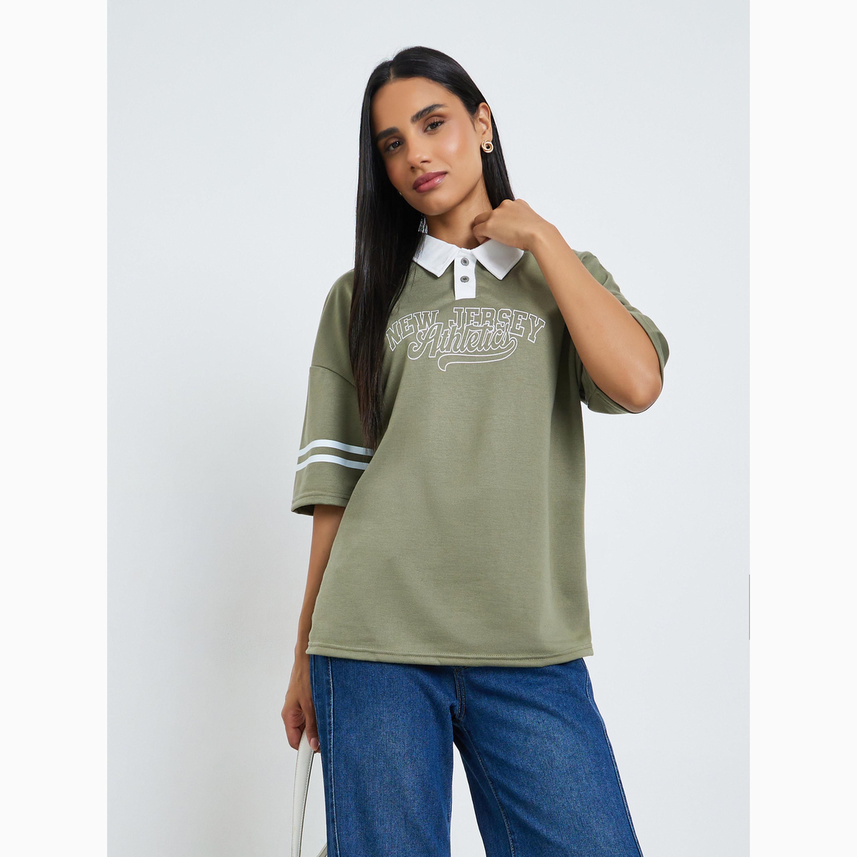 Styli Green Slogan Contrast Collar Oversized Polo T-Shirt-women-clothing-tshirts-image-3