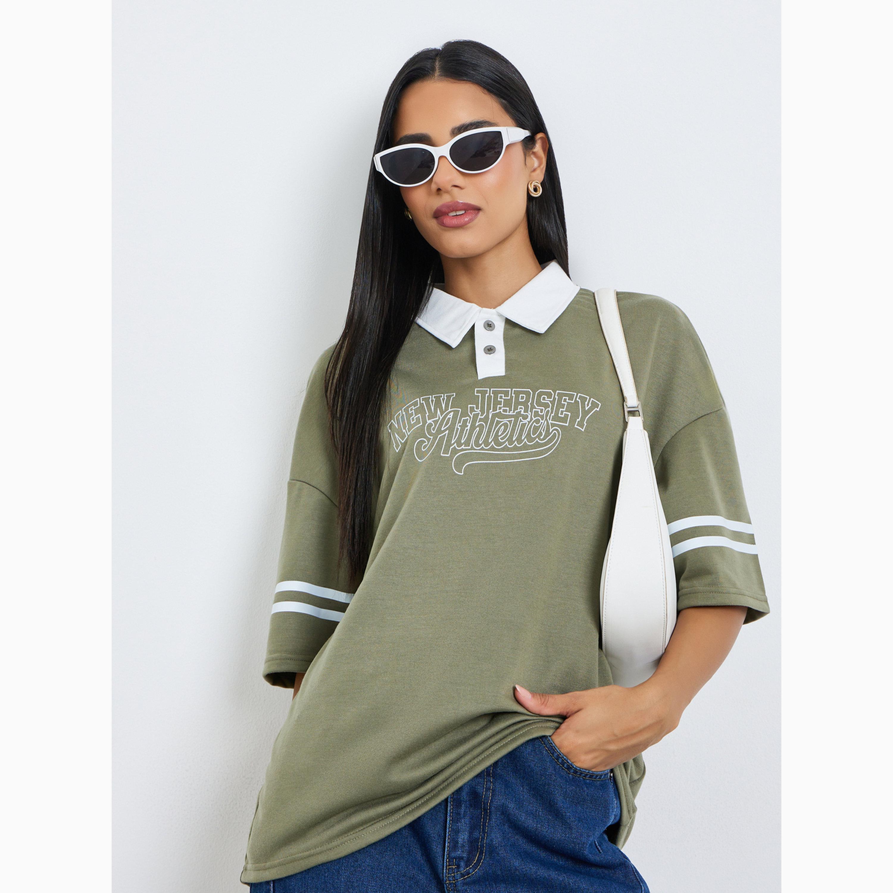 Styli Green Slogan Contrast Collar Oversized Polo T-Shirt-women-clothing-tshirts-image-4