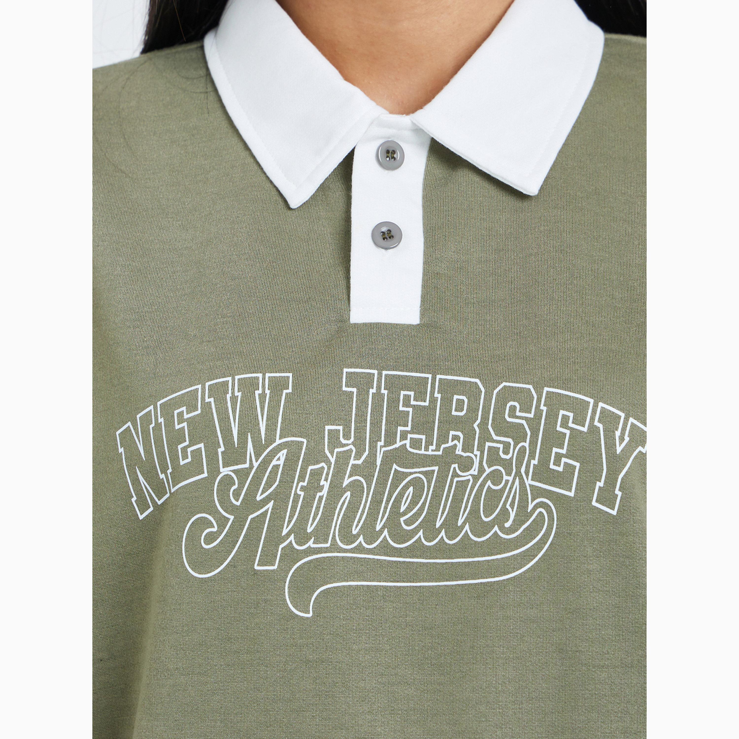 Styli Green Slogan Contrast Collar Oversized Polo T-Shirt-women-clothing-tshirts-image-5