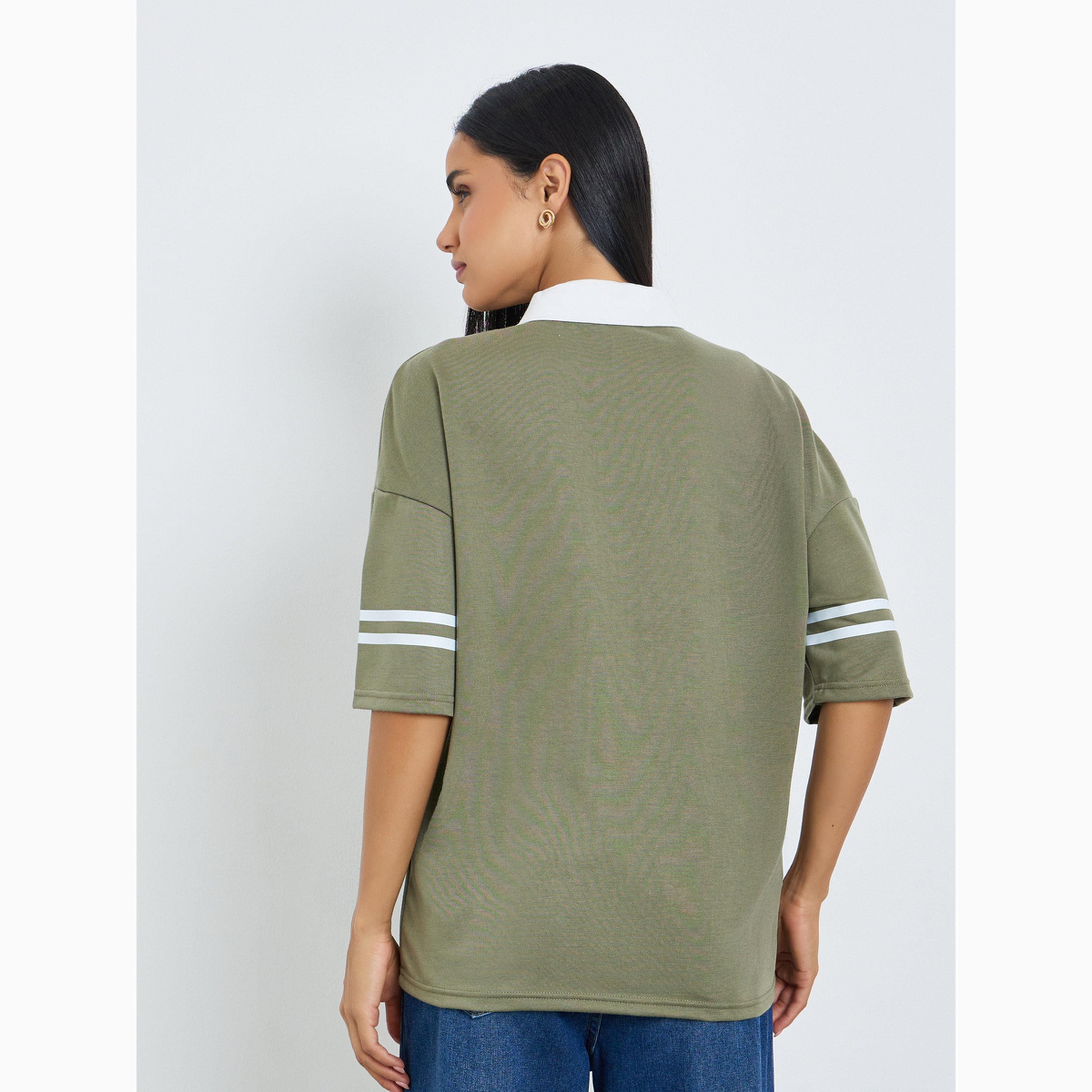 Styli Green Slogan Contrast Collar Oversized Polo T-Shirt-women-clothing-tshirts-image-6