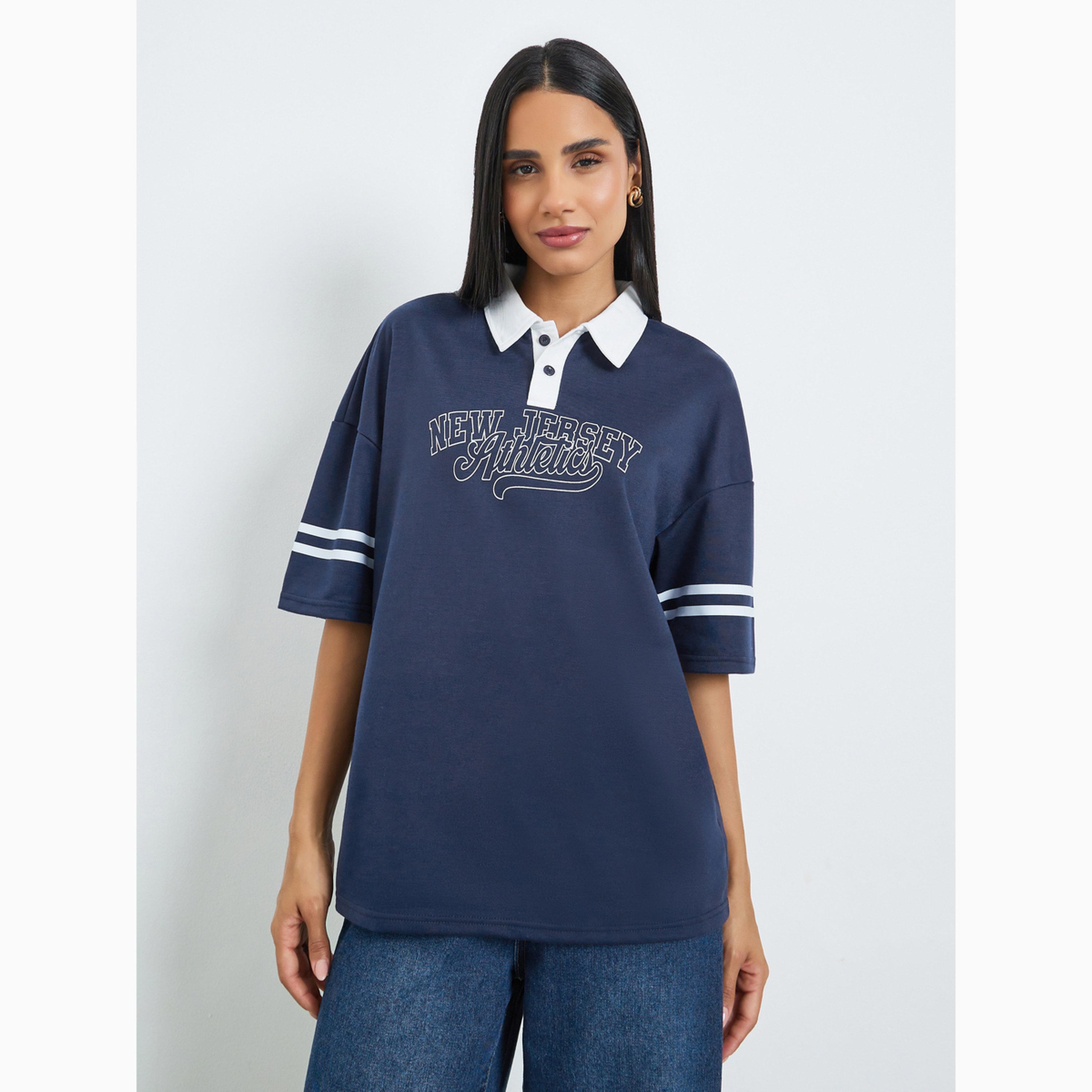 Styli Navy Blue Slogan Contrast Collar Oversized Polo T-Shirt-women-clothing-tshirts-image-1
