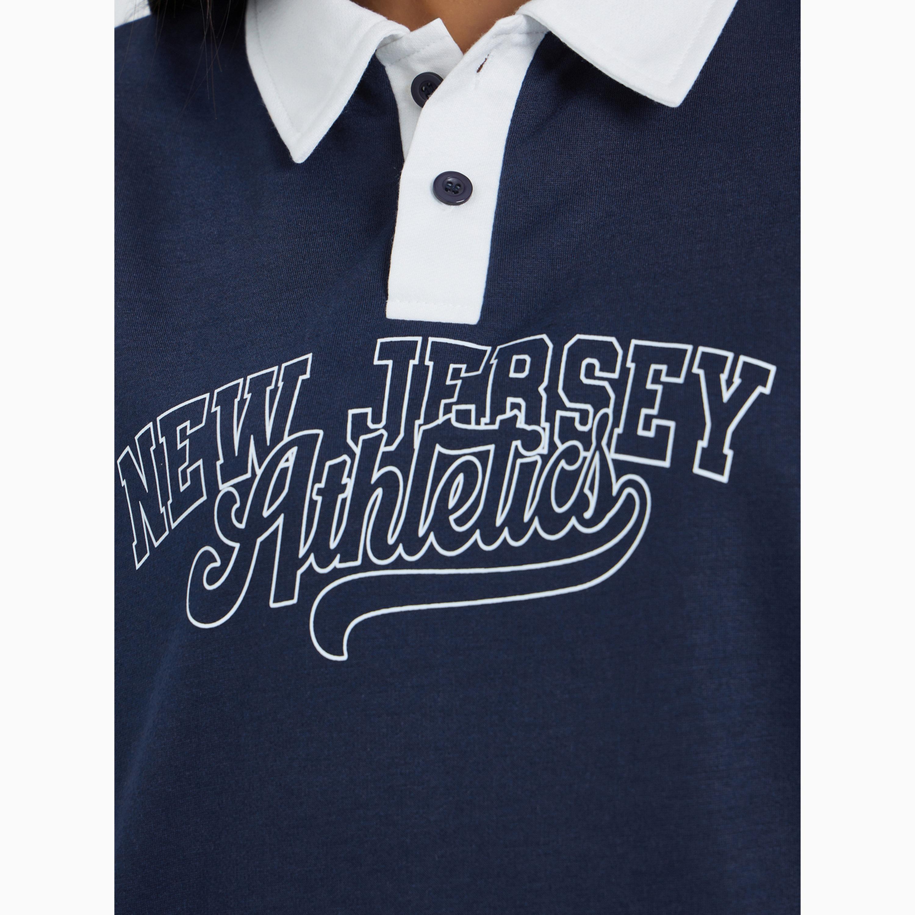 Styli Navy Blue Slogan Contrast Collar Oversized Polo T-Shirt-women-clothing-tshirts-image-4