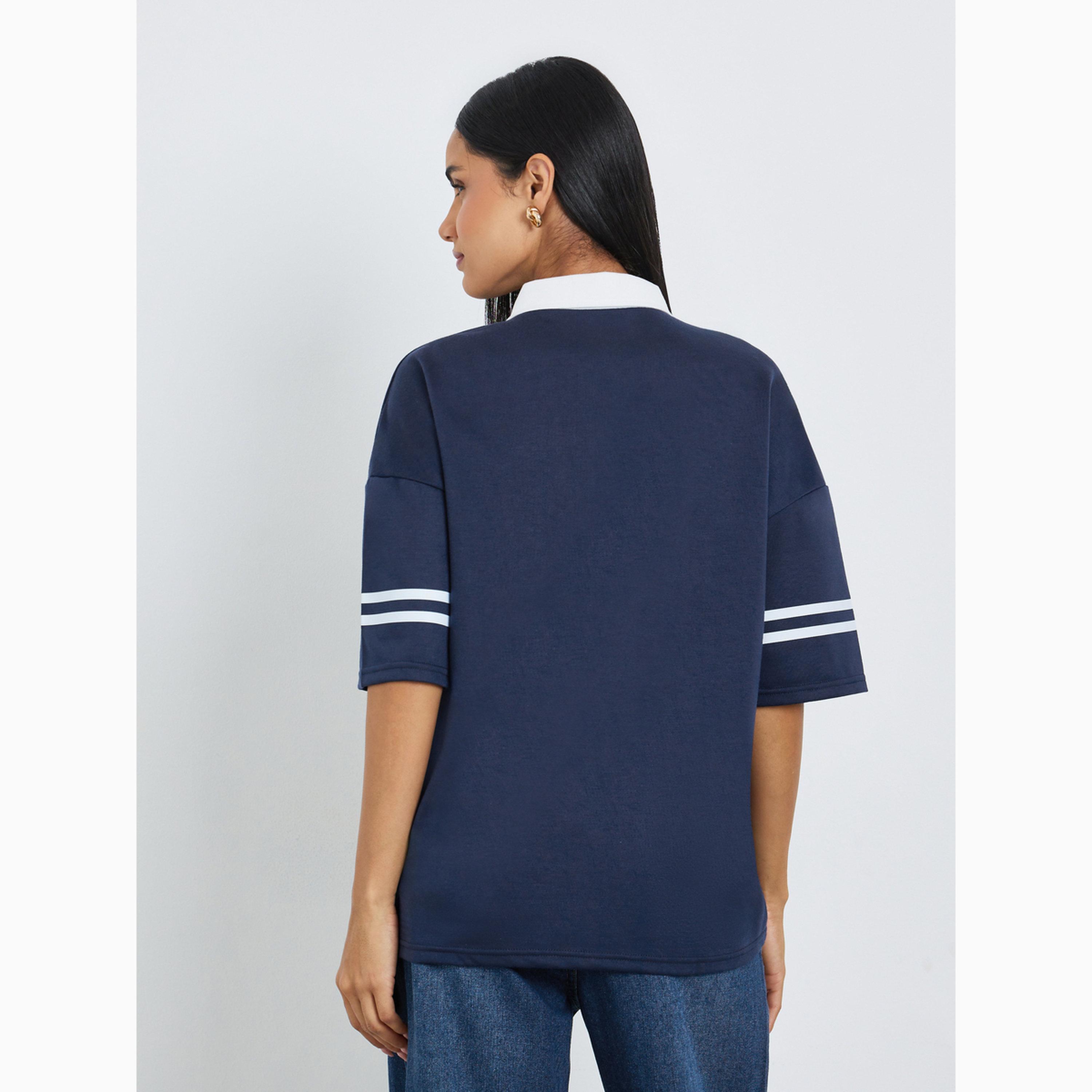 Styli Navy Blue Slogan Contrast Collar Oversized Polo T-Shirt-women-clothing-tshirts-image-5