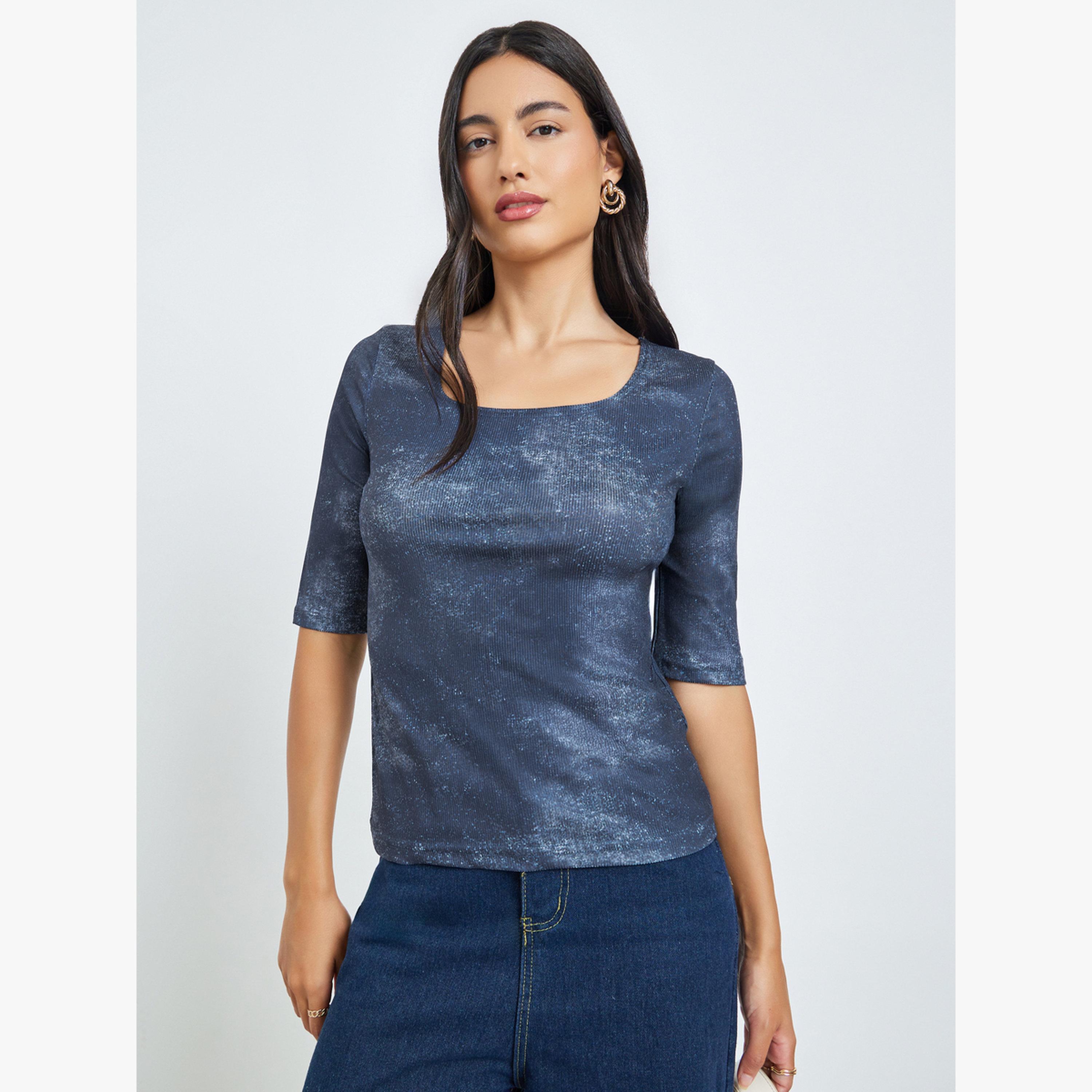 Styli Grey Foil Print Fitted T-Shirt-women-clothing-tshirts-image-1