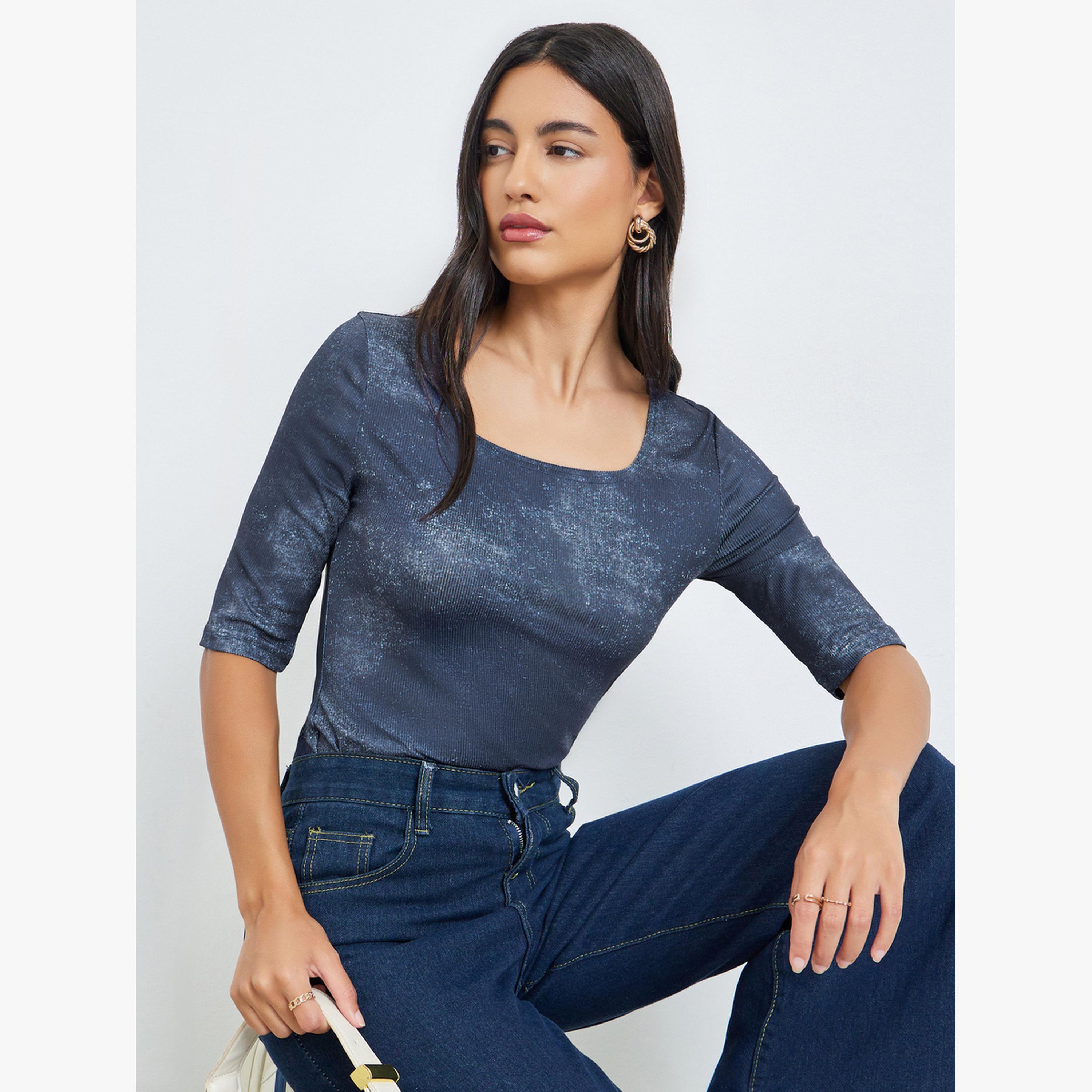 Styli Grey Foil Print Fitted T-Shirt-women-clothing-tshirts-image-3