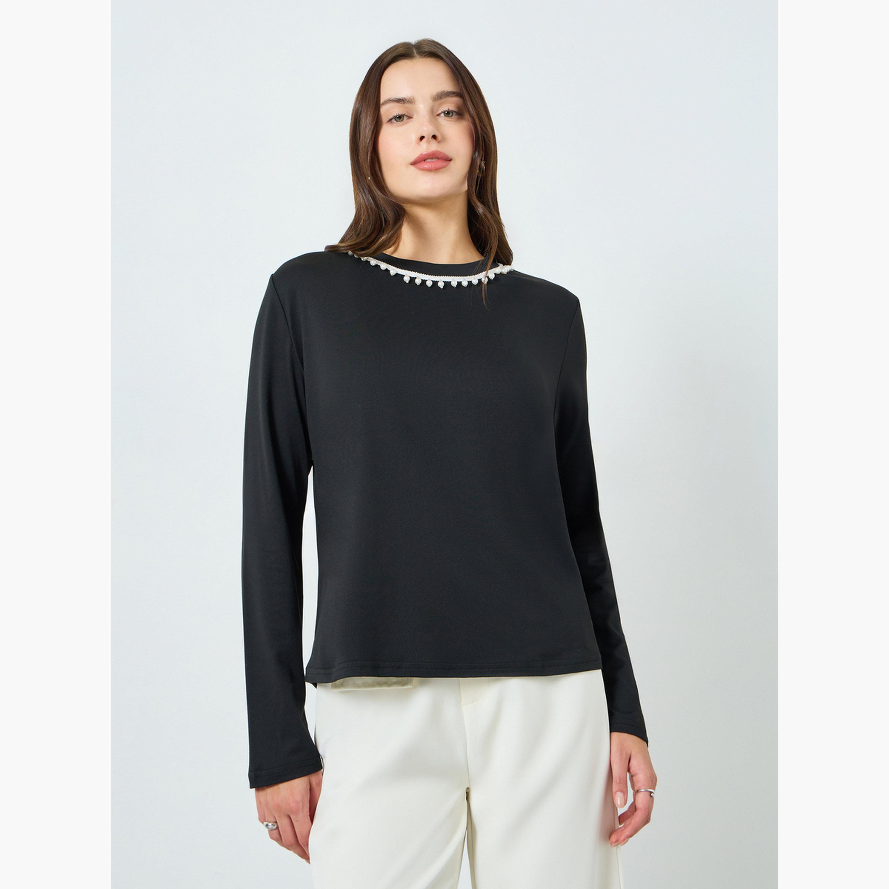 Styli Women Black Embellished Long Sleeve T-Shirt-women-clothing-tshirts-image-3