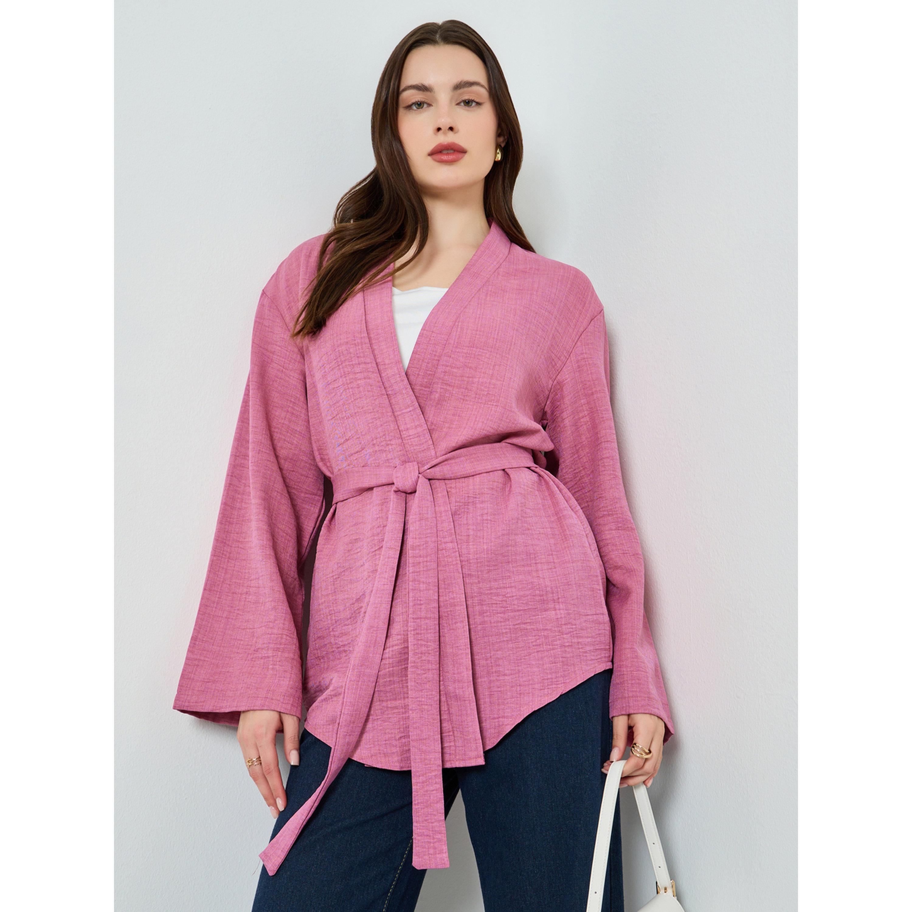 Styli Women Pink Plain Kimono with Belt-women-winterwear-coatsandjackets-jackets-image-1
