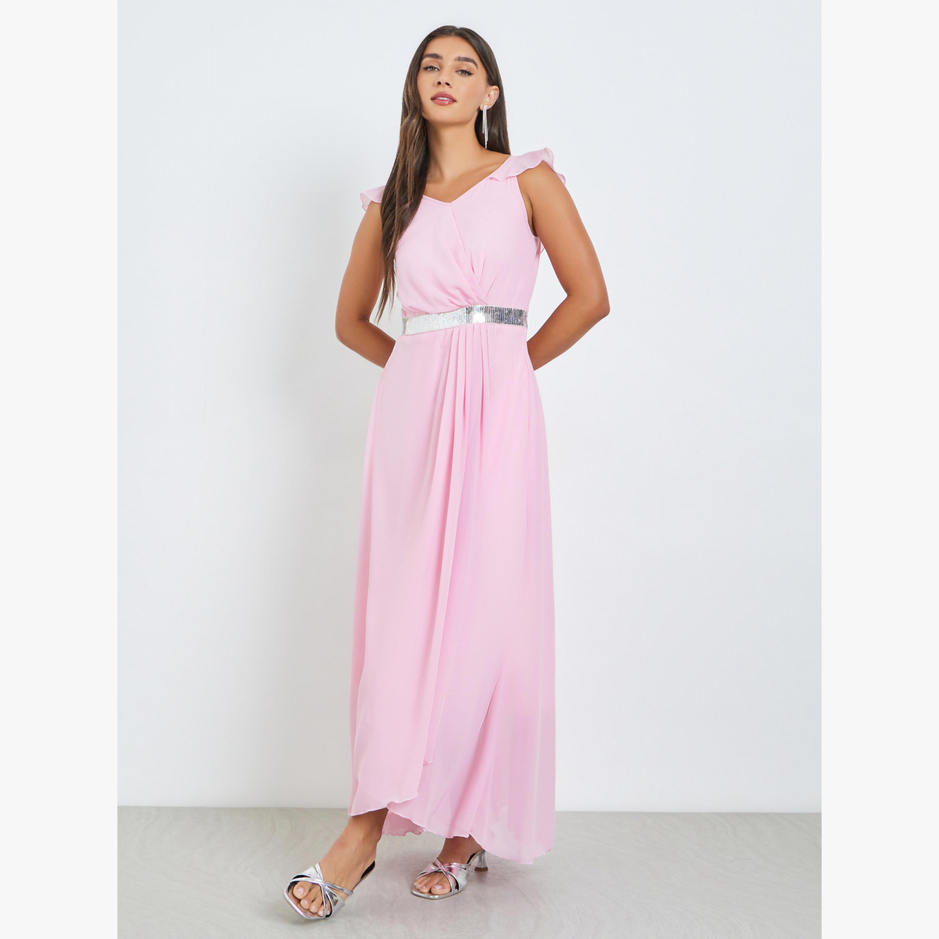 فستان طويل بلا أكمام وتفاصيل ترتر-women-clothing-dresses-image-1