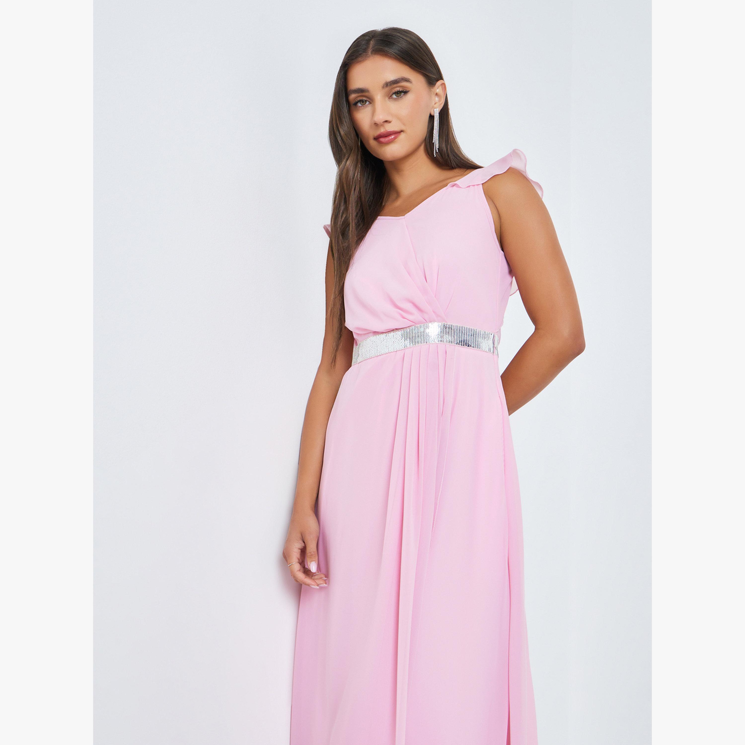 فستان طويل بلا أكمام وتفاصيل ترتر-women-clothing-dresses-image-2