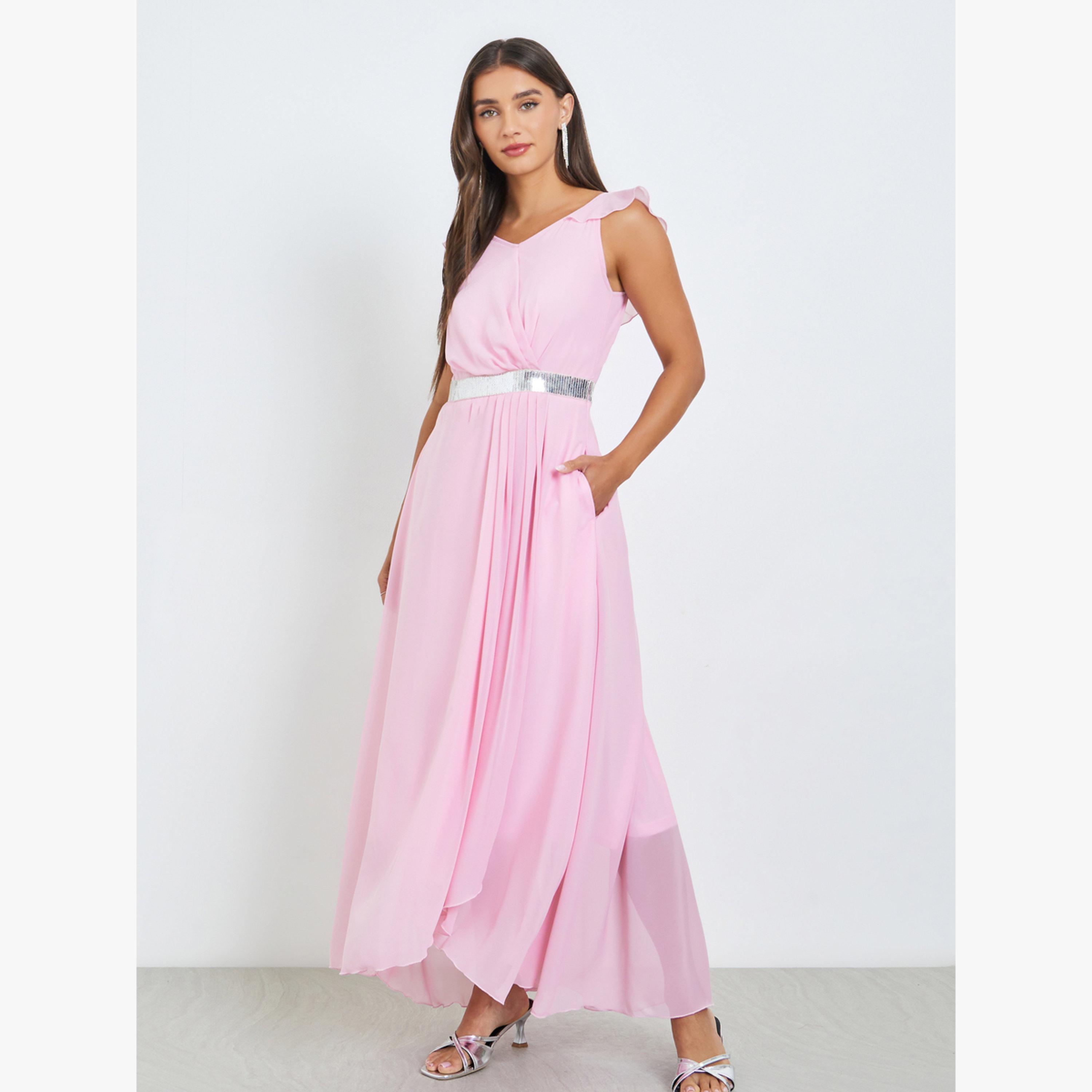 فستان طويل بلا أكمام وتفاصيل ترتر-women-clothing-dresses-image-3