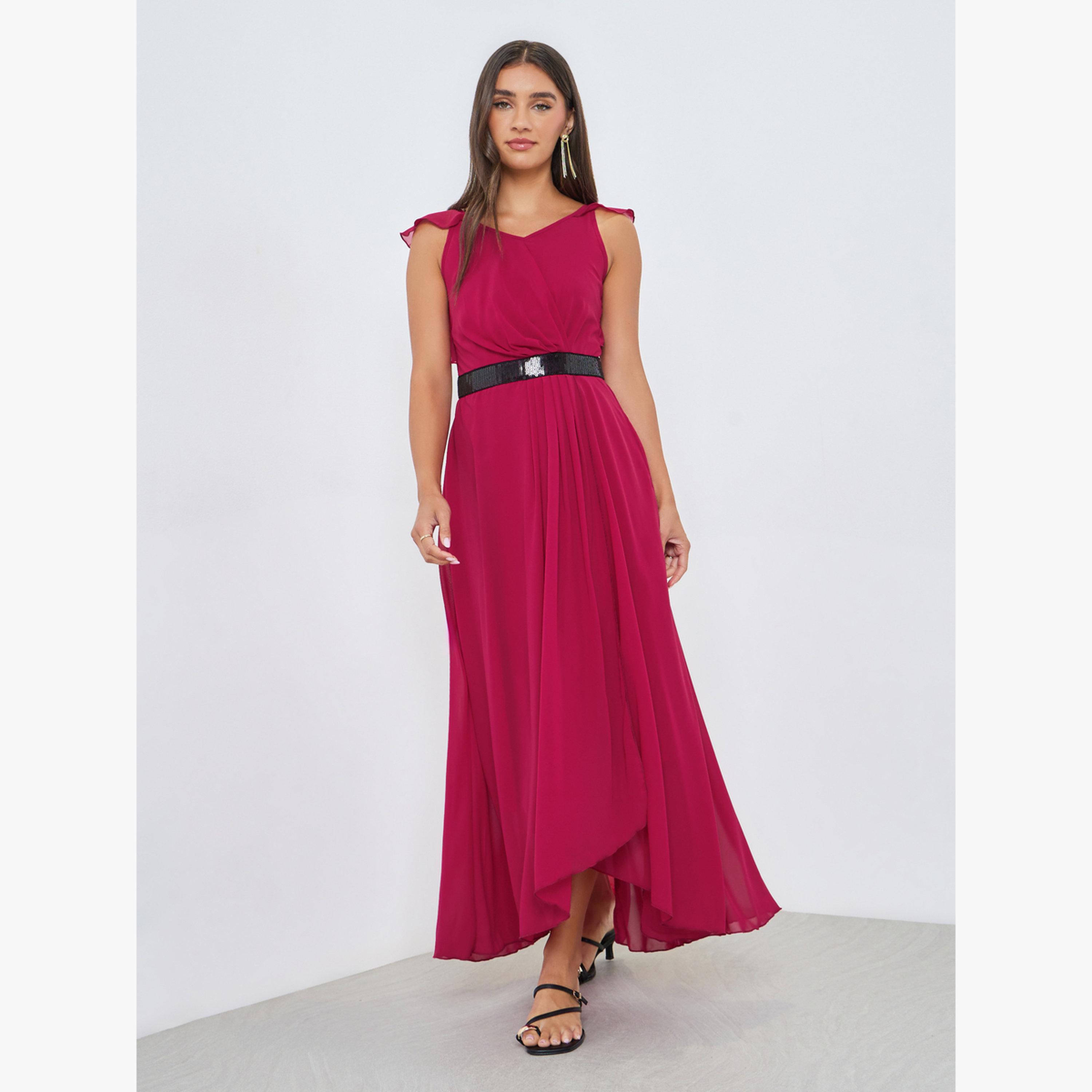 Styli Dark Pink Sleeveless Sequined Detail Maxi Dress-women-clothing-dresses-image-1