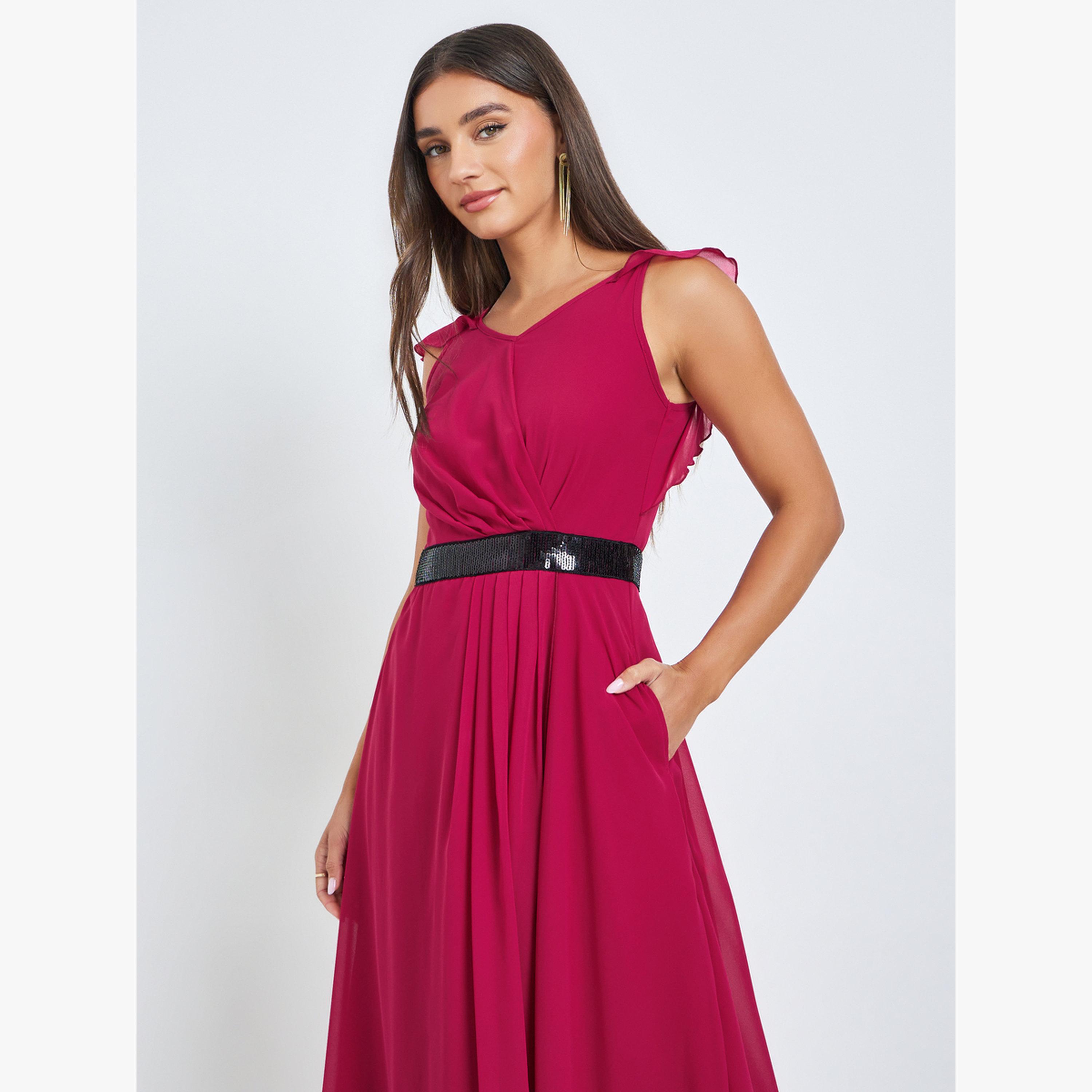 Styli Dark Pink Sleeveless Sequined Detail Maxi Dress-women-clothing-dresses-image-2