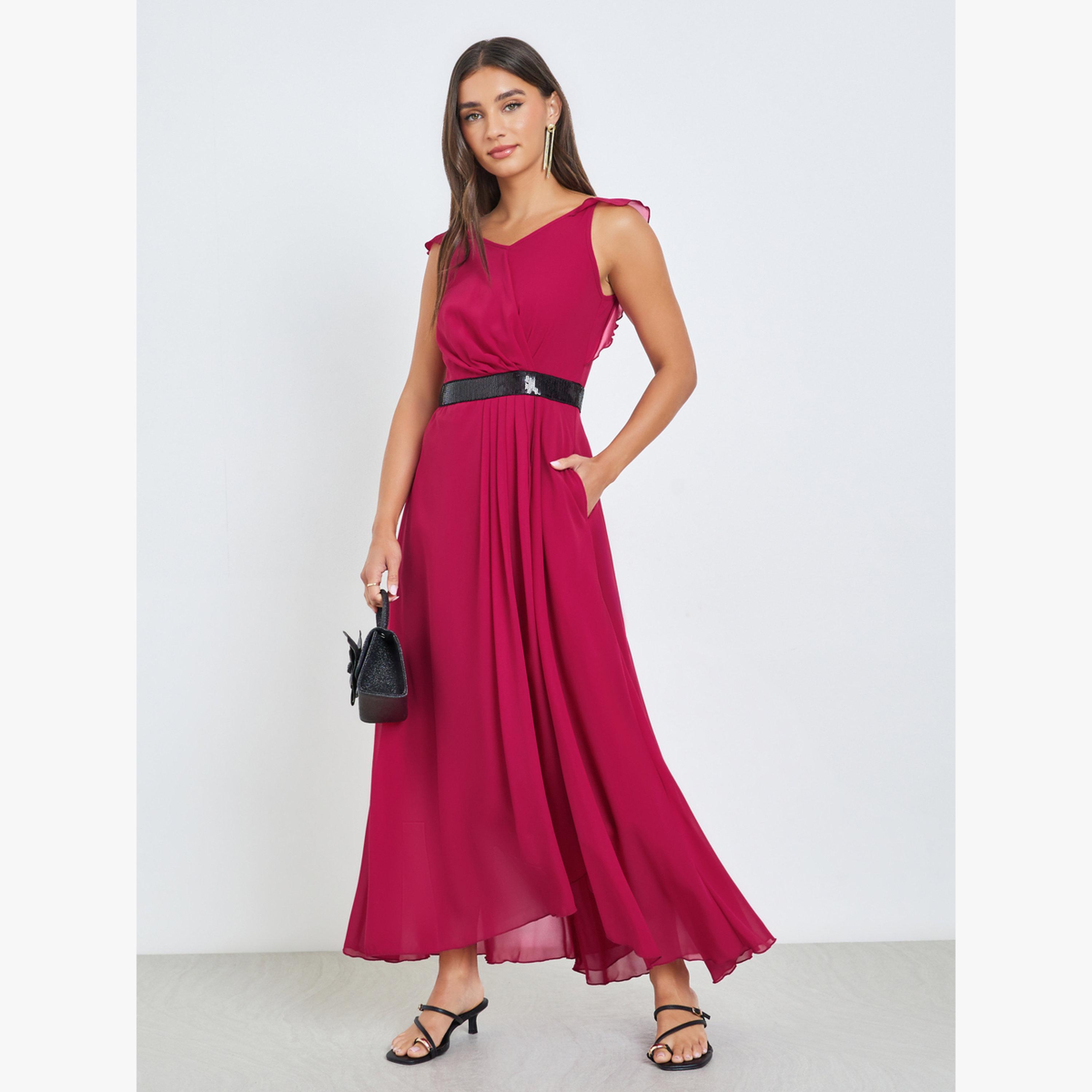 Styli Dark Pink Sleeveless Sequined Detail Maxi Dress-women-clothing-dresses-image-3
