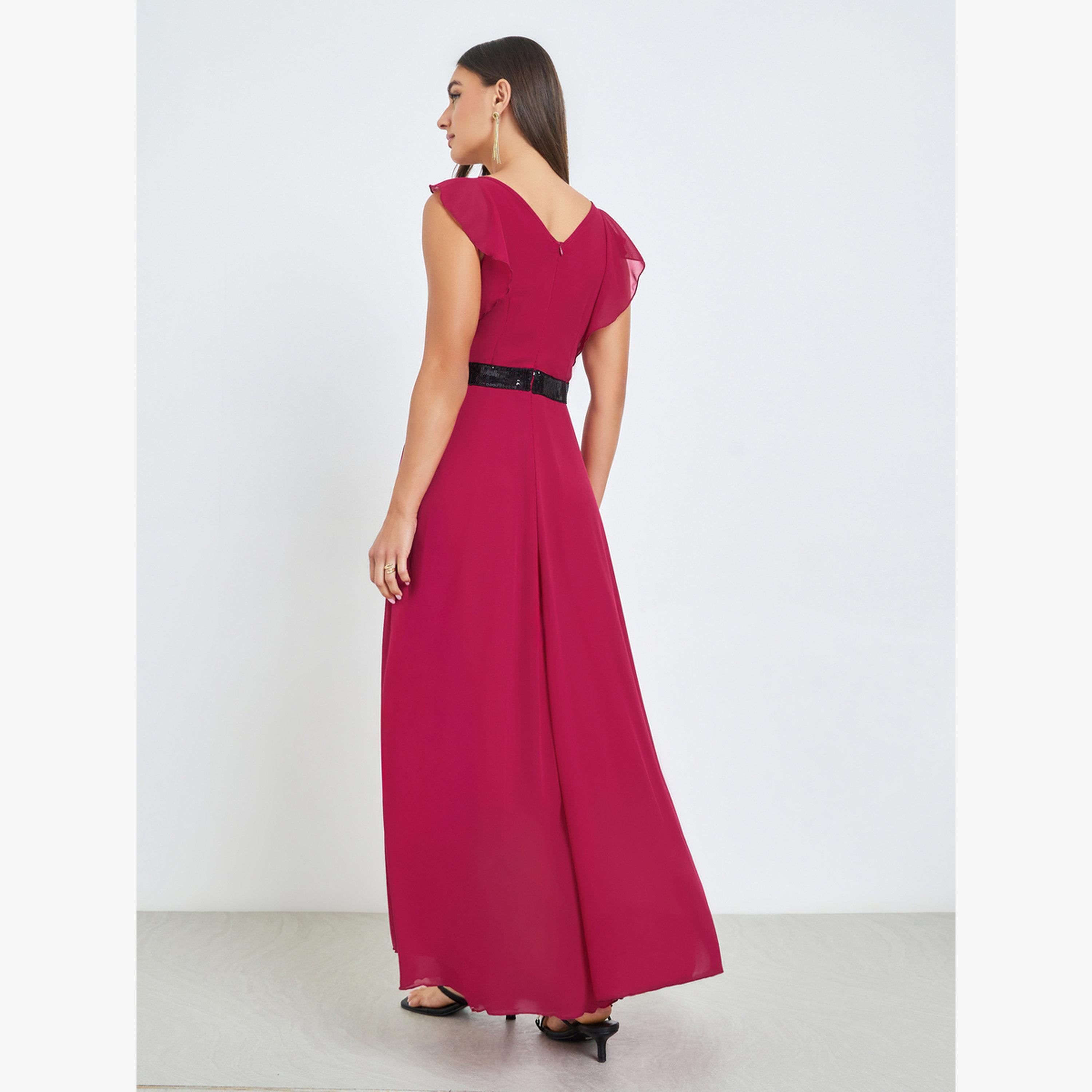 Styli Dark Pink Sleeveless Sequined Detail Maxi Dress-women-clothing-dresses-image-4