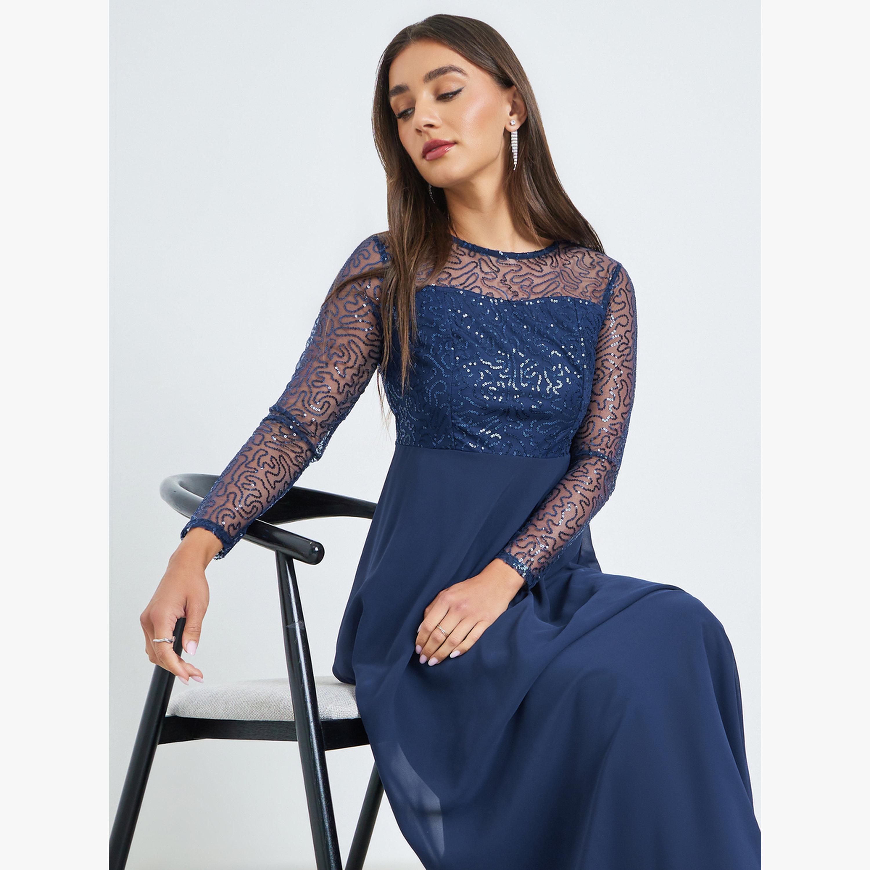 Styli Navy Sequin Long Sleeve Maxi Dress-women-clothing-dresses-image-2