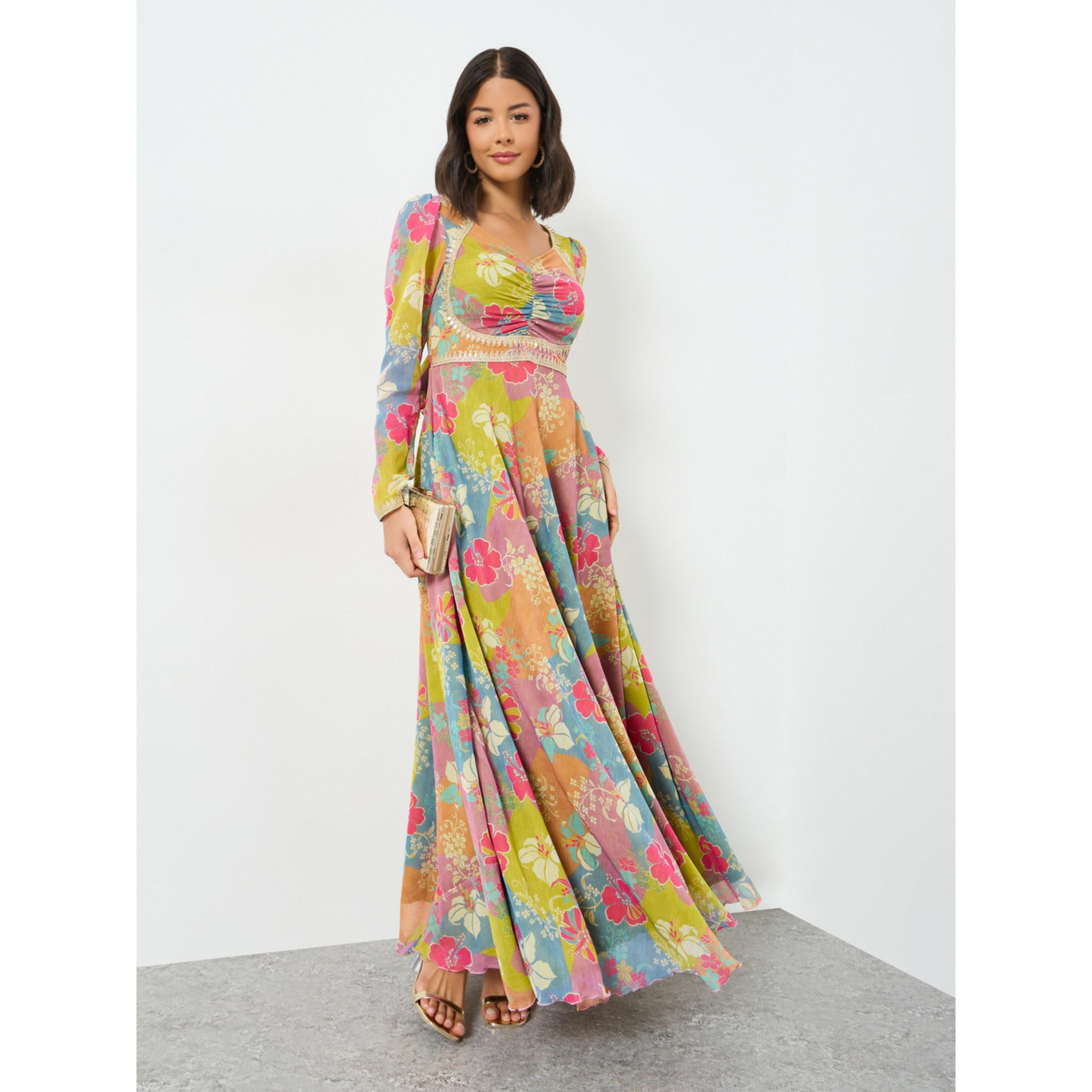 فستان طويل بزهور وياقة على شكل قلب-women-clothing-dresses-image-1