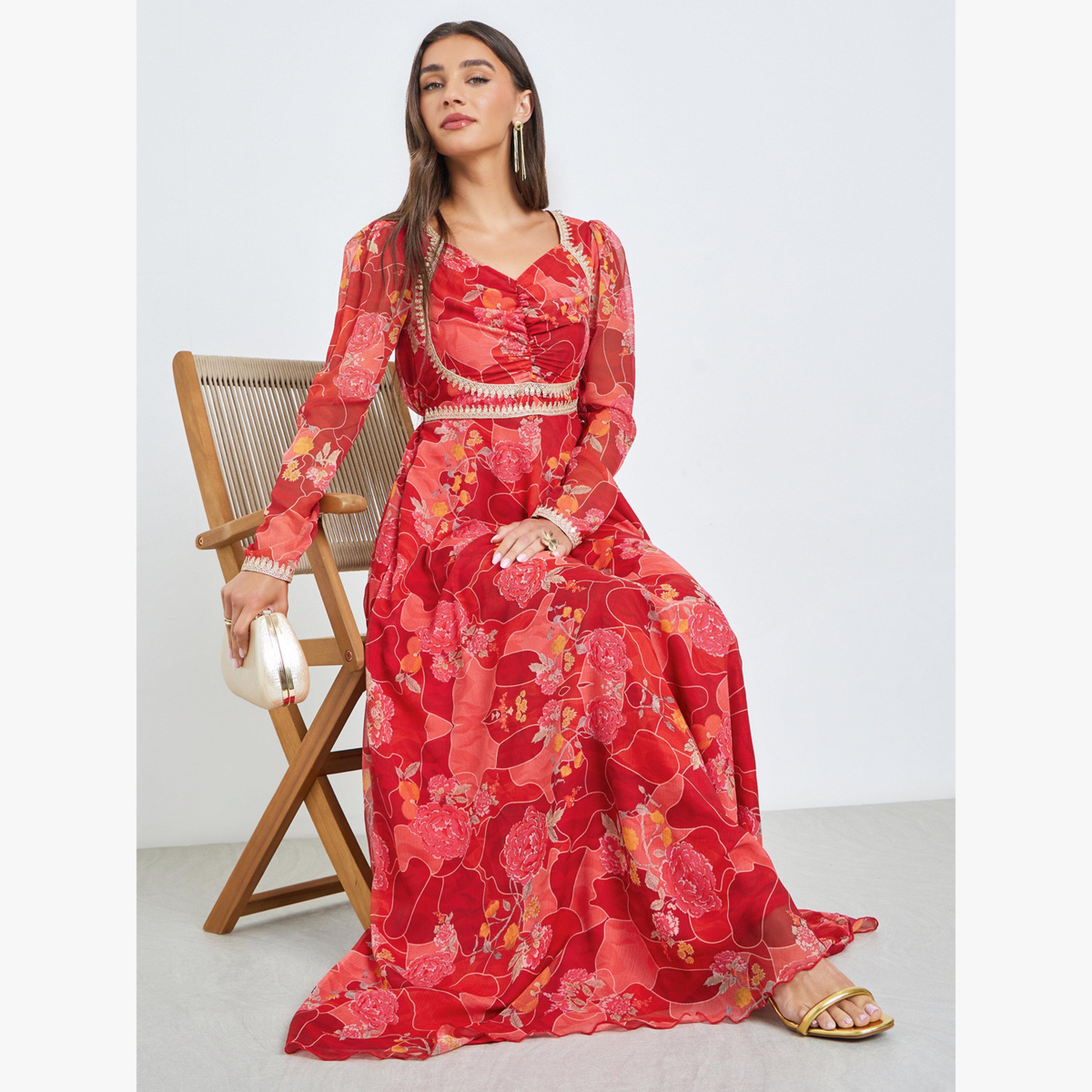 Styli Red Sweetheart Neck Floral Maxi Dress-women-clothing-dresses-image-2