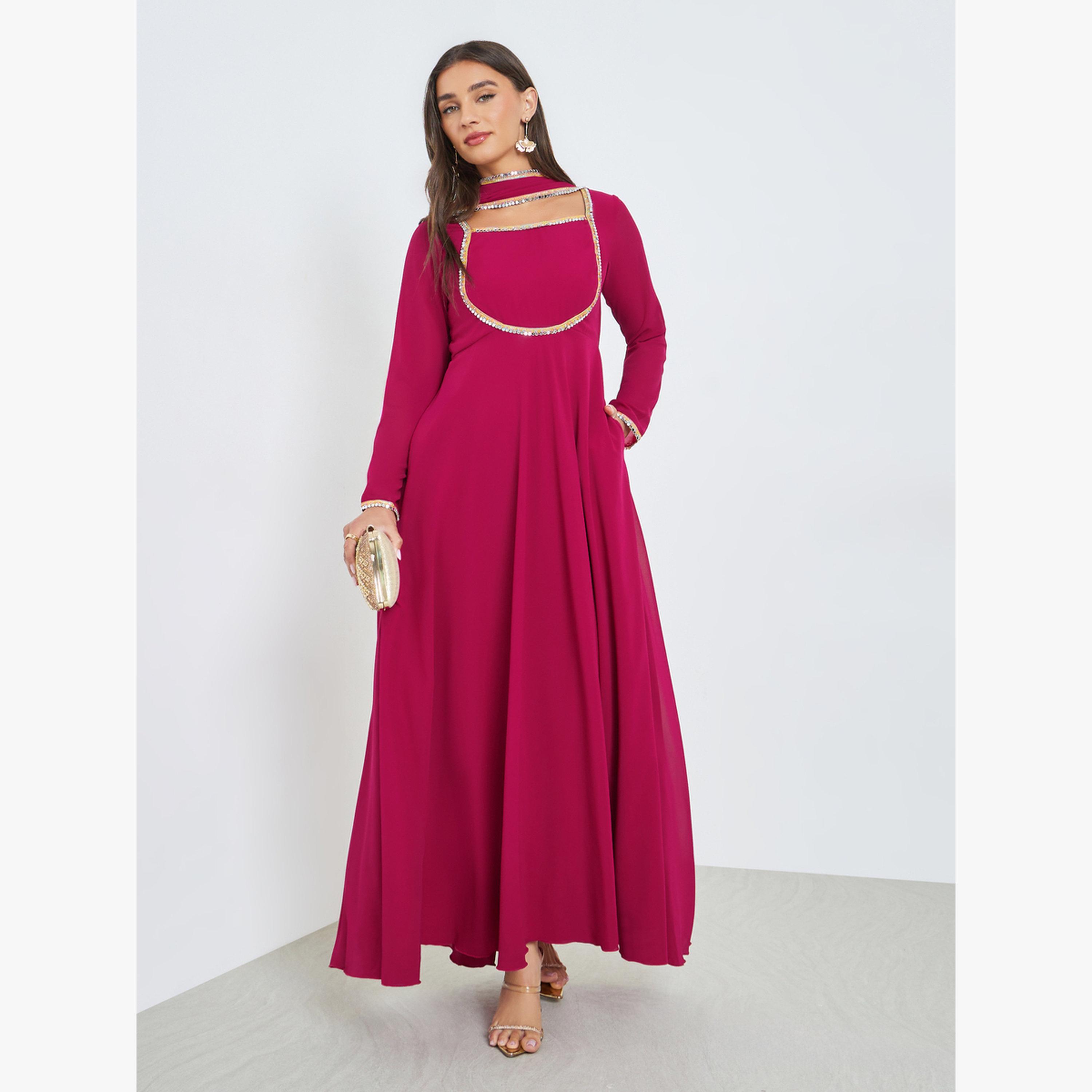 Styli Pink Square Neck Mirror-Work Maxi Dress with Scarf-women-clothing-dresses-image-1