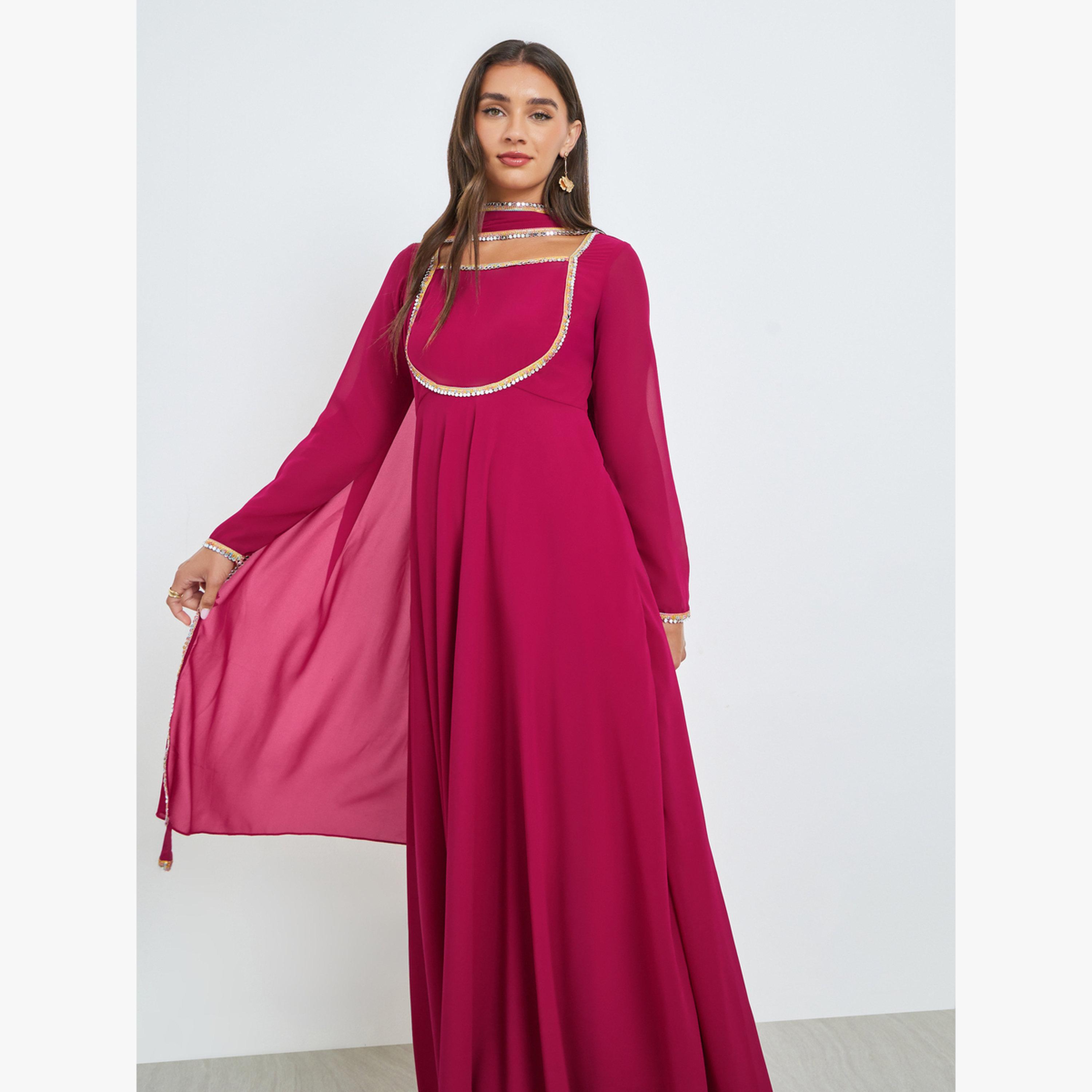 Styli Pink Square Neck Mirror-Work Maxi Dress with Scarf-women-clothing-dresses-image-2