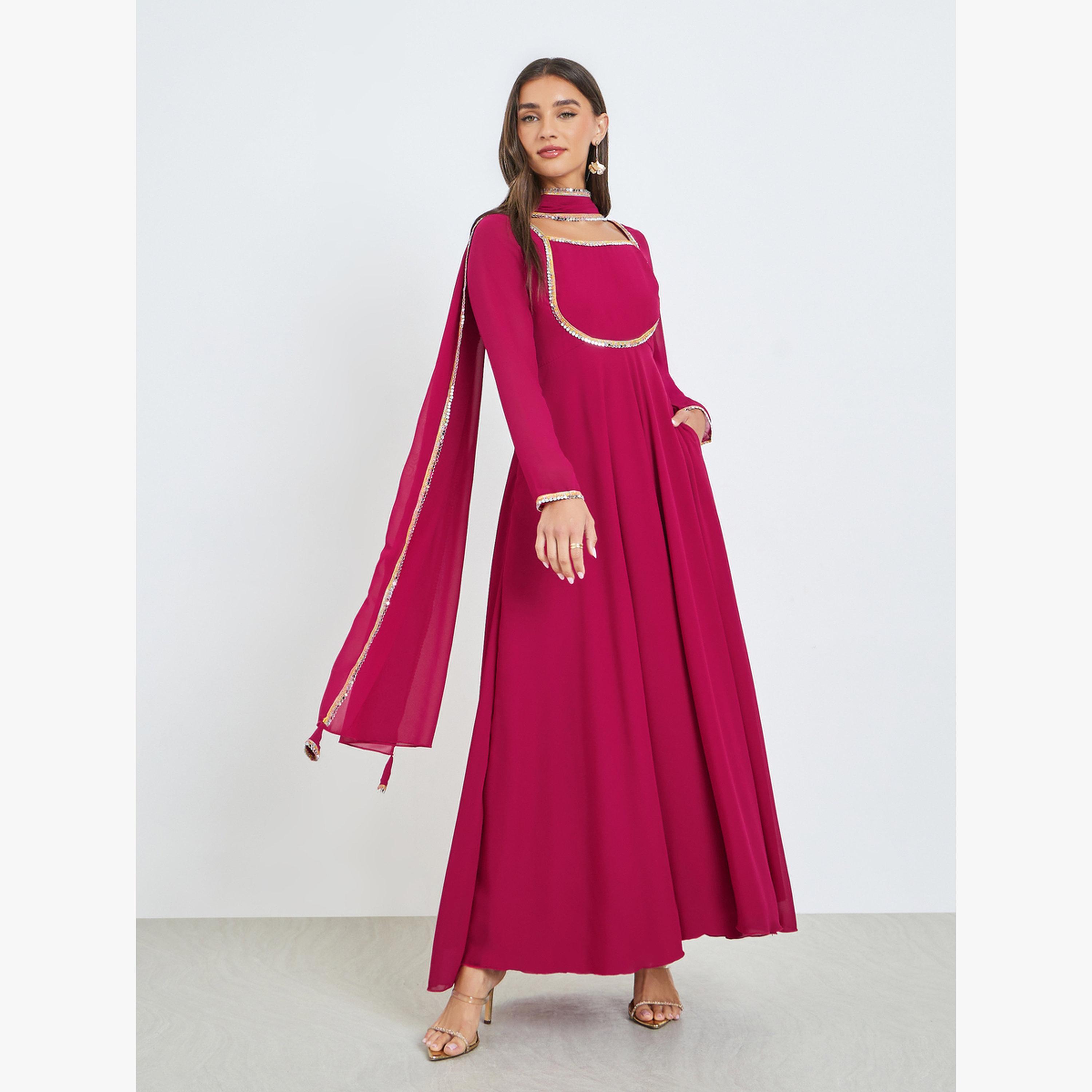 Styli Pink Square Neck Mirror-Work Maxi Dress with Scarf-women-clothing-dresses-image-3