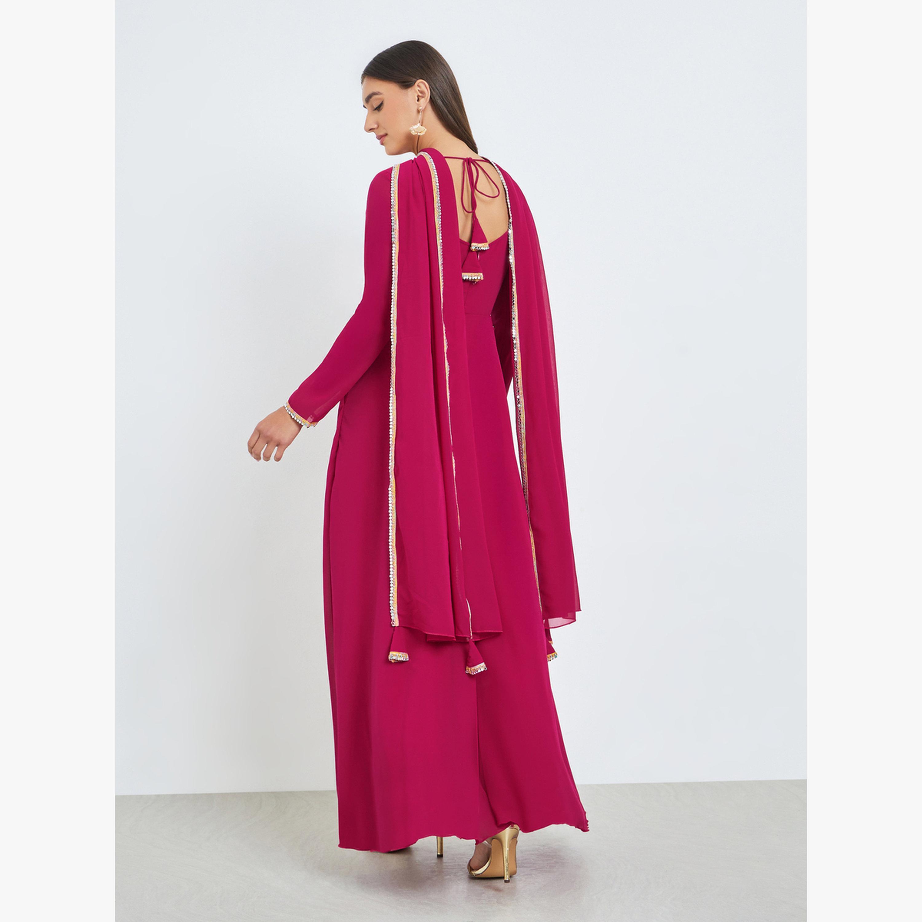 Styli Pink Square Neck Mirror-Work Maxi Dress with Scarf-women-clothing-dresses-image-4