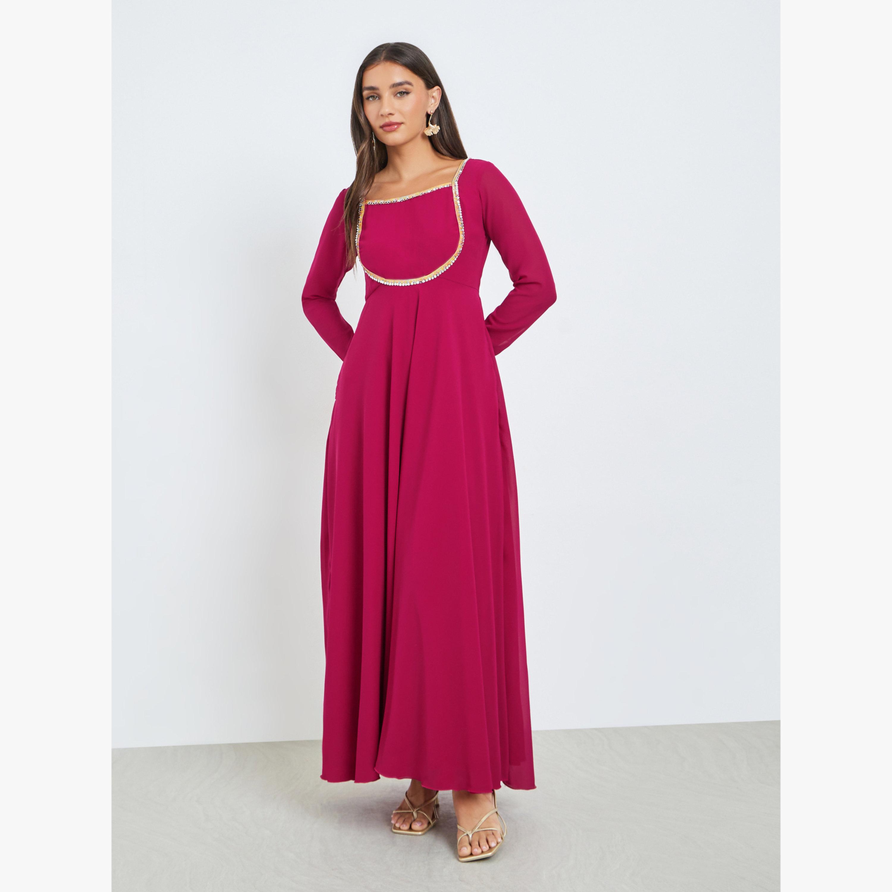 Styli Pink Square Neck Mirror-Work Maxi Dress with Scarf-women-clothing-dresses-image-5